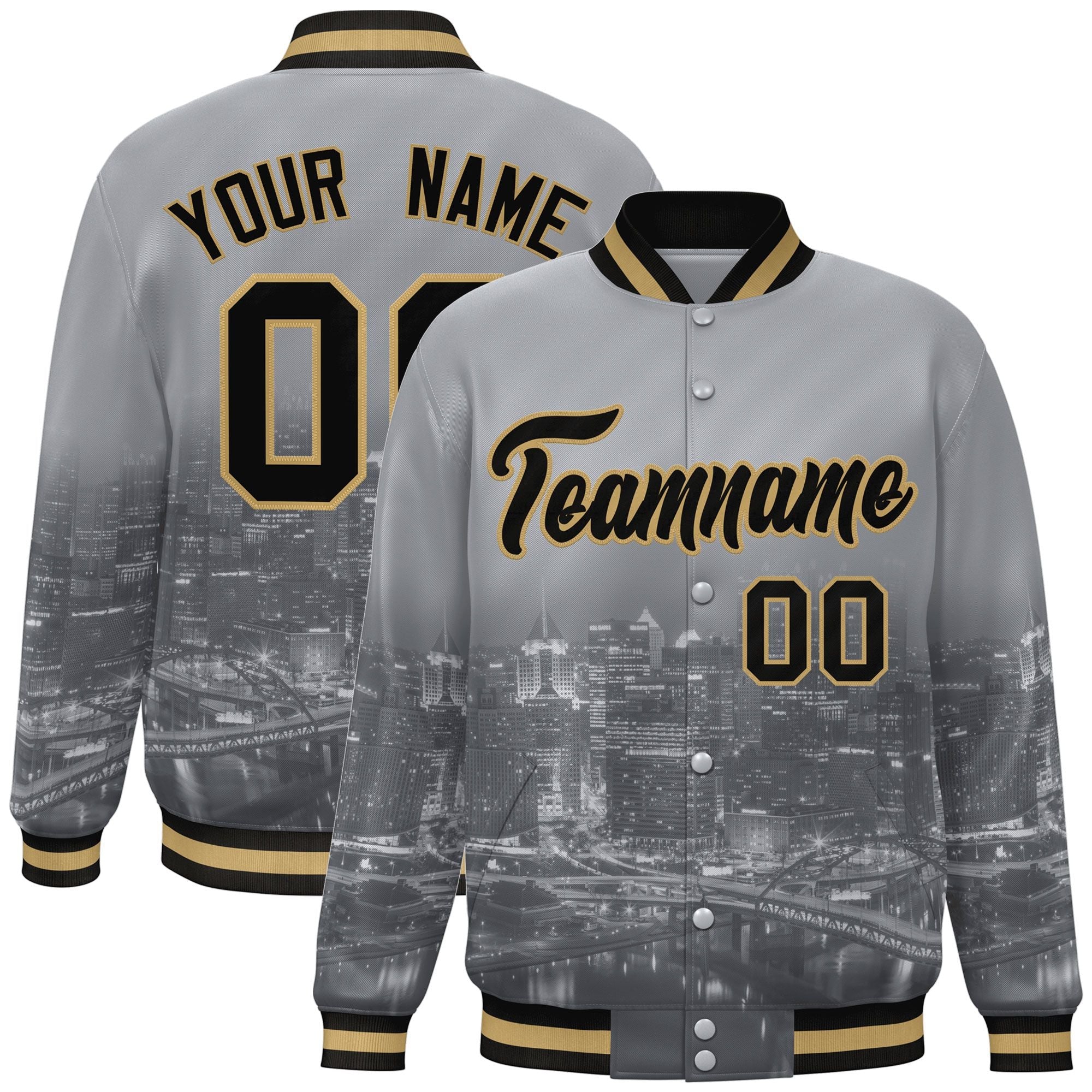 Custom Gray Black-Old Gold Pittsburgh City Connect Track Varsity Full-Snap Jacket