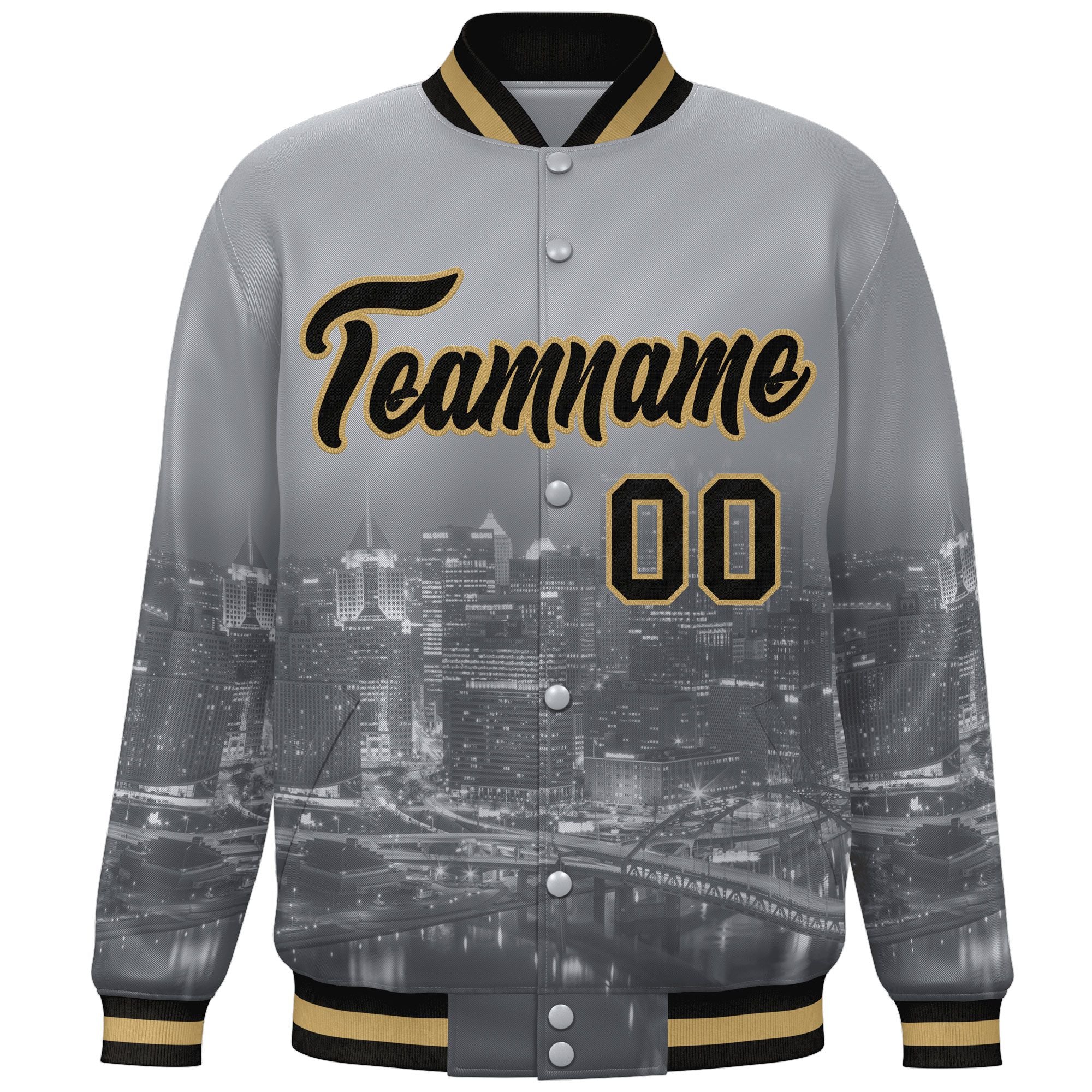 Custom Gray Black-Old Gold Pittsburgh City Connect Track Varsity Full-Snap Jacket