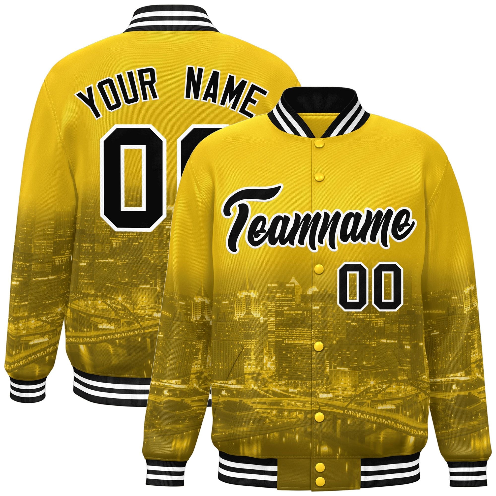 Custom Gold Black-White Pittsburgh City Connect Track Varsity Full-Snap Jacket