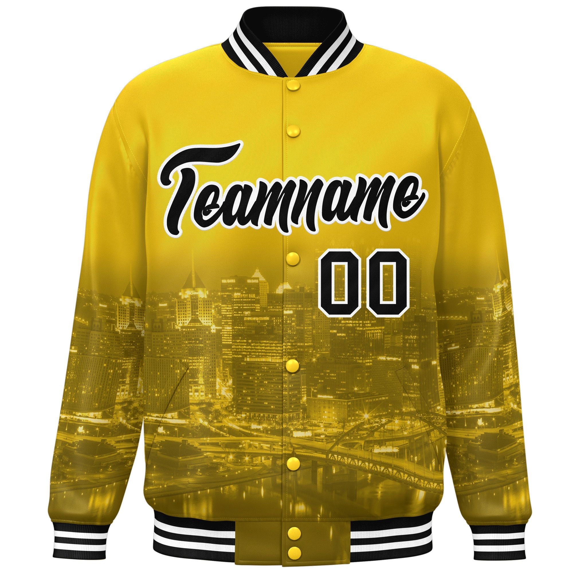 Custom Gold Black-White Pittsburgh City Connect Track Varsity Full-Snap Jacket