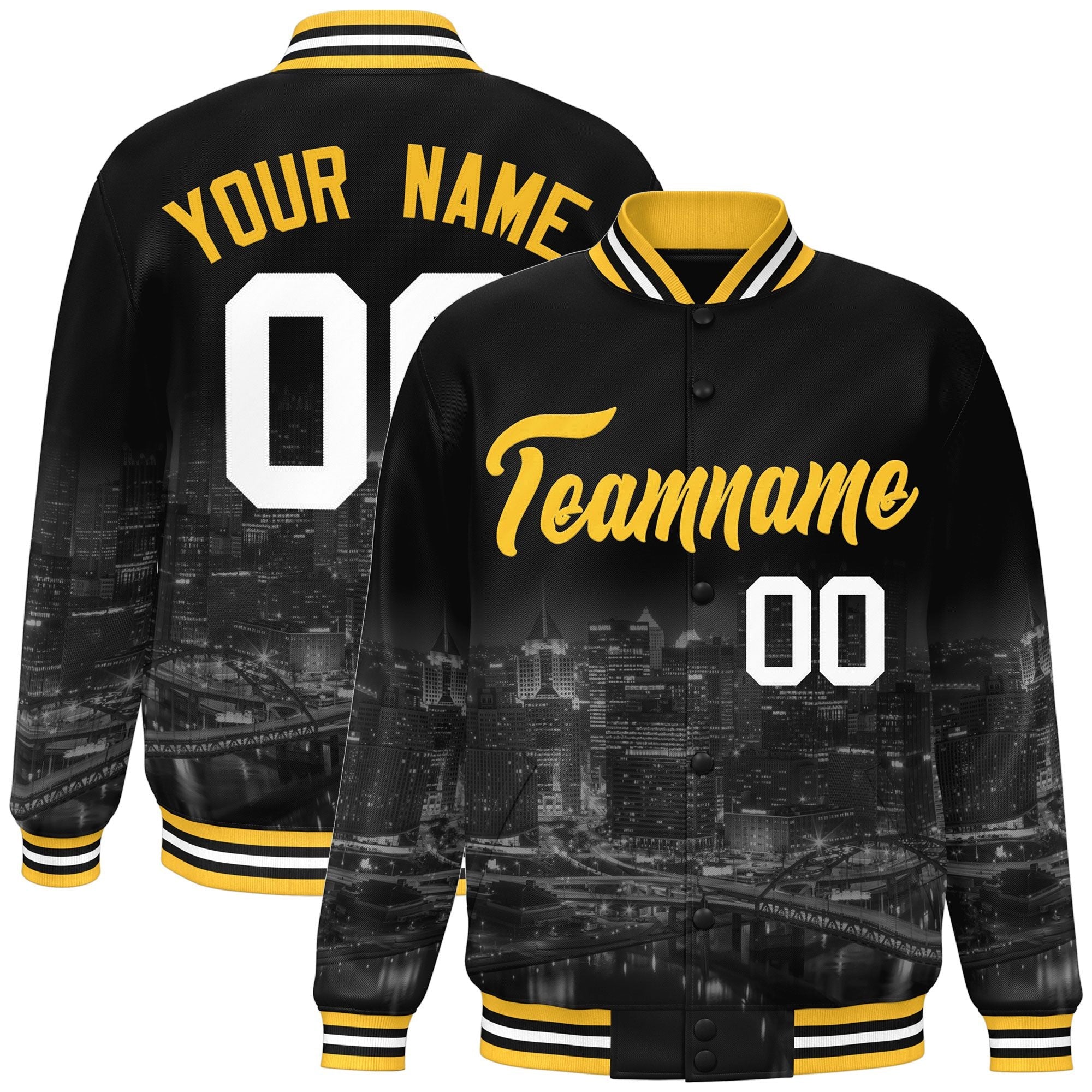 Custom Black Gold Pittsburgh City Connect Track Varsity Full-Snap Jacket