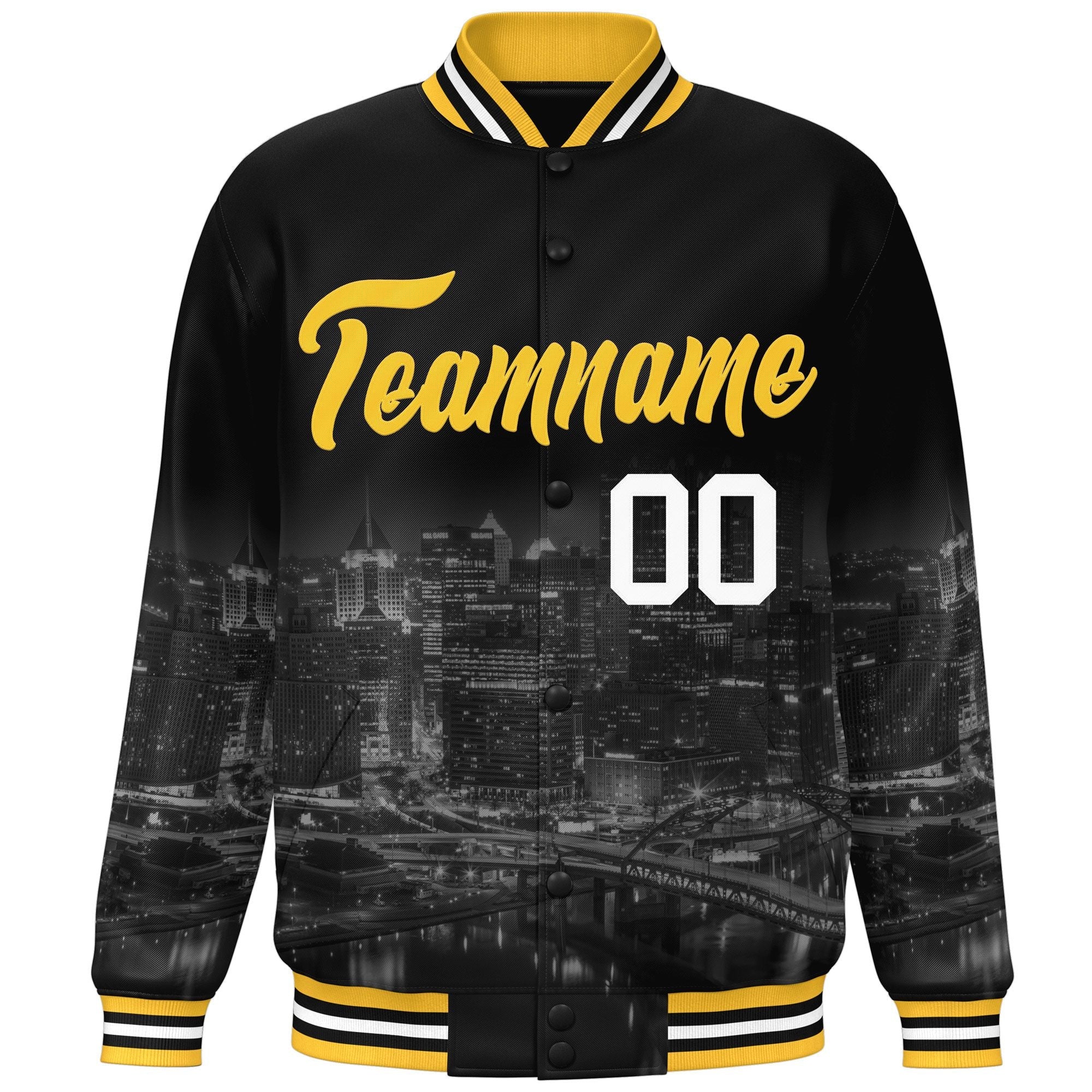 Custom Black Gold Pittsburgh City Connect Track Varsity Full-Snap Jacket