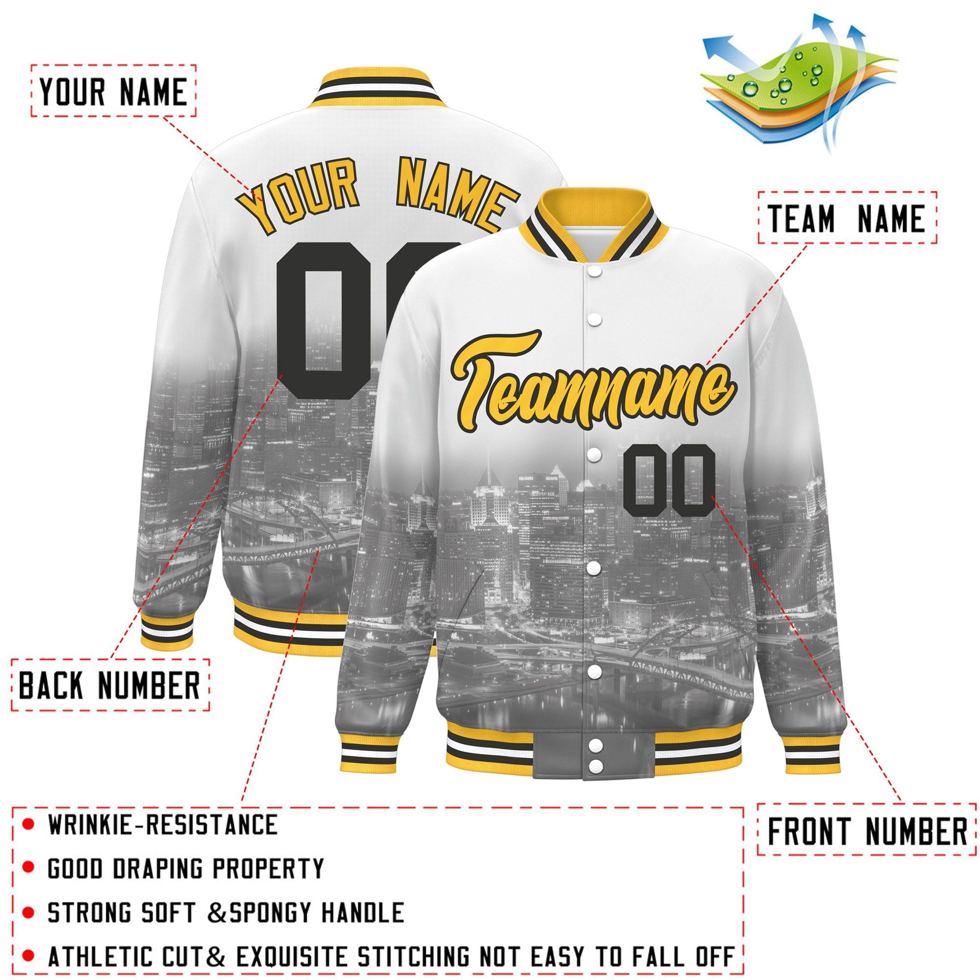 Custom White Gold-Black Pittsburgh City Connect Track Varsity Full-Snap Jacket