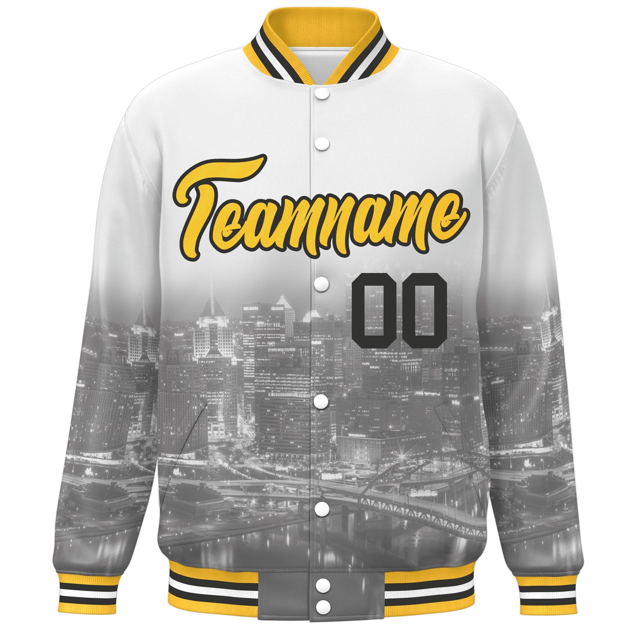 Custom White Gold-Black Pittsburgh City Connect Track Varsity Full-Snap Jacket