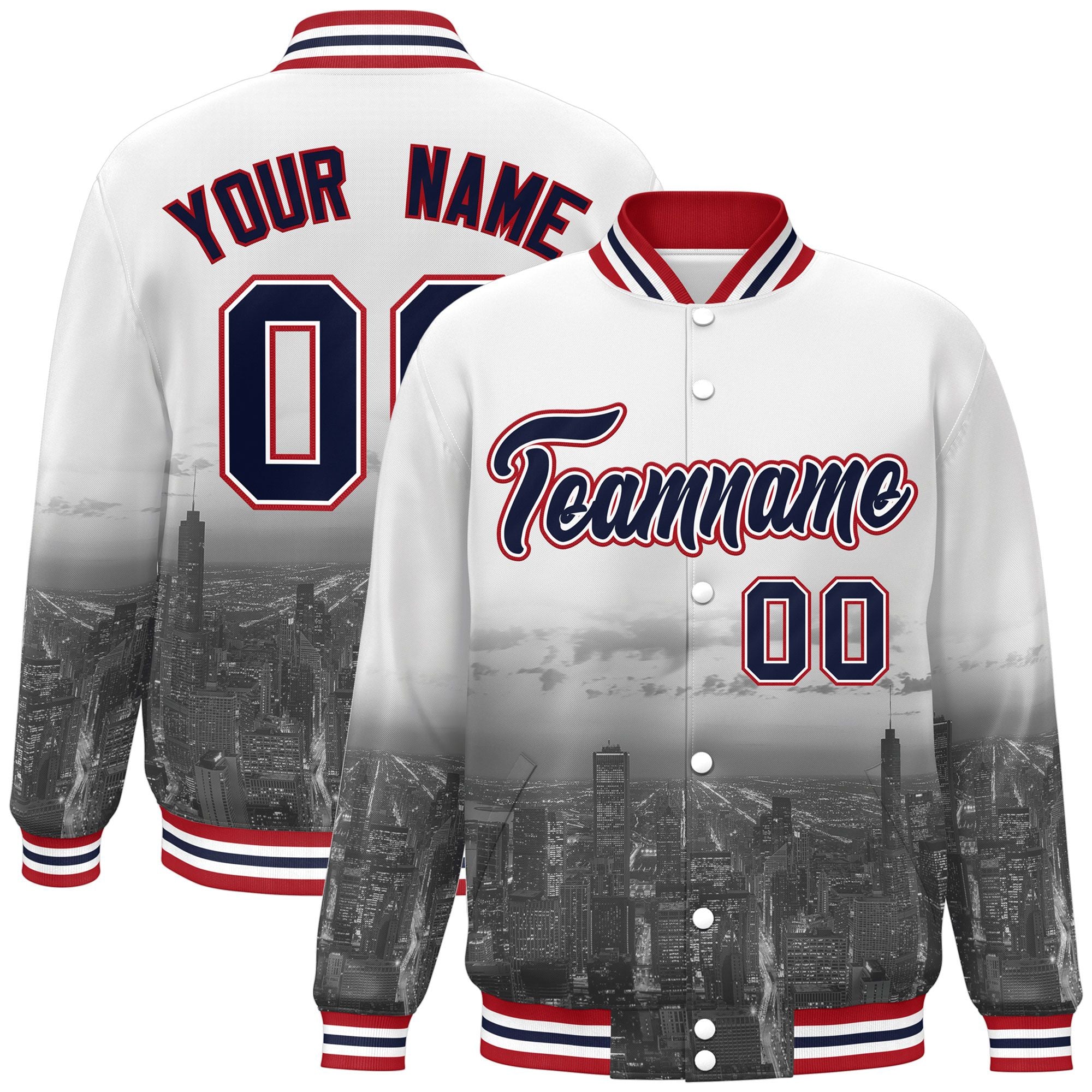 Custom White Navy-Red Chicago City Connect Track Varsity Full-Snap Jacket