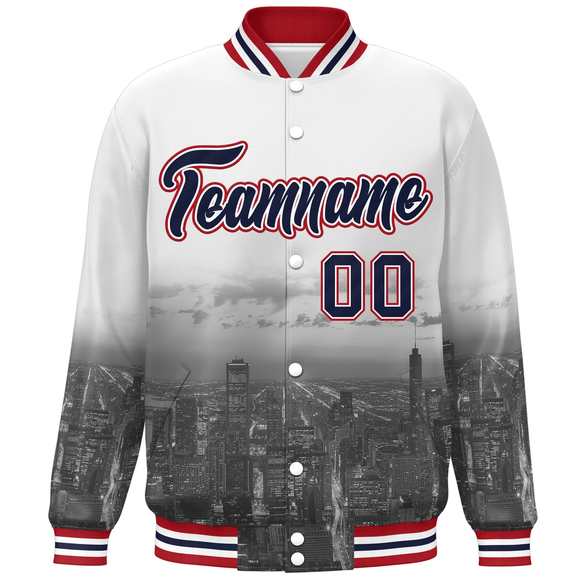 Custom White Navy-Red Chicago City Connect Track Varsity Full-Snap Jacket