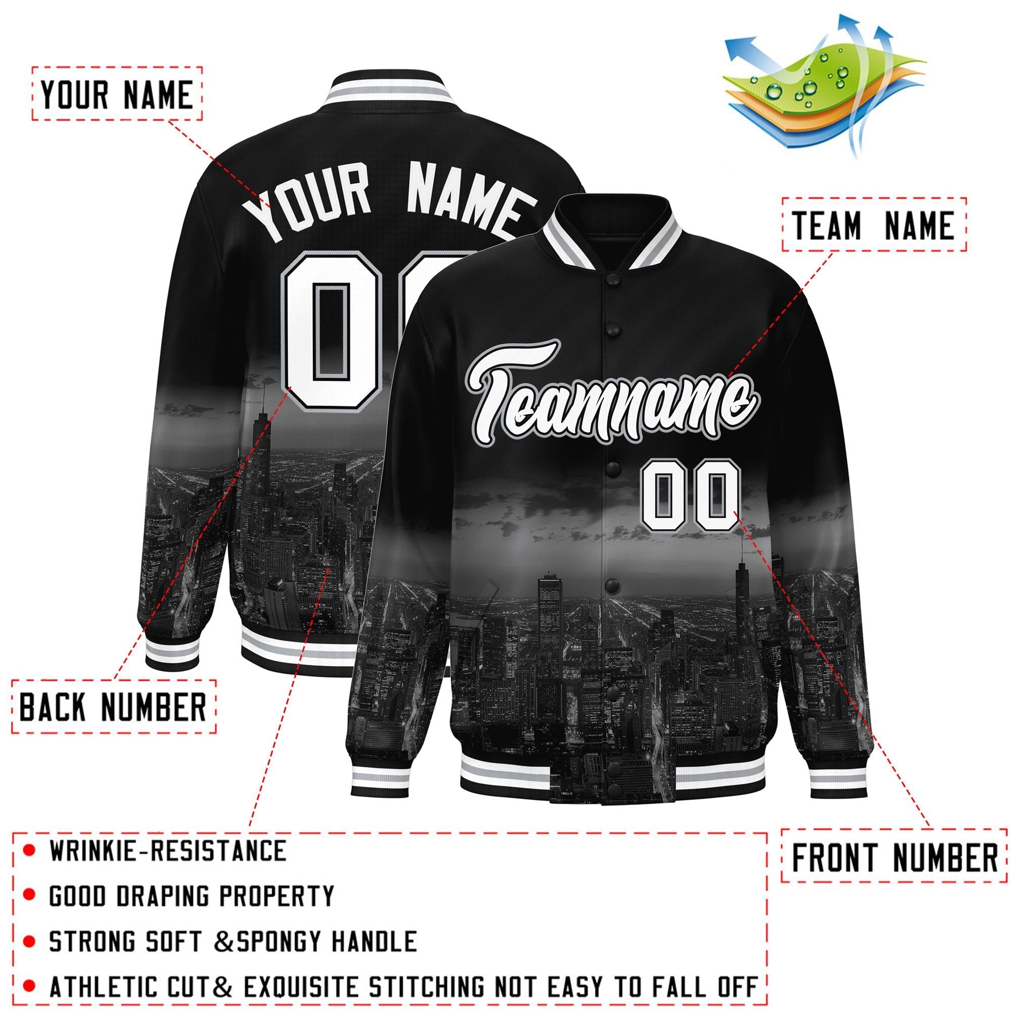 Custom Black White Chicago City Connect Track Varsity Full-Snap Jacket