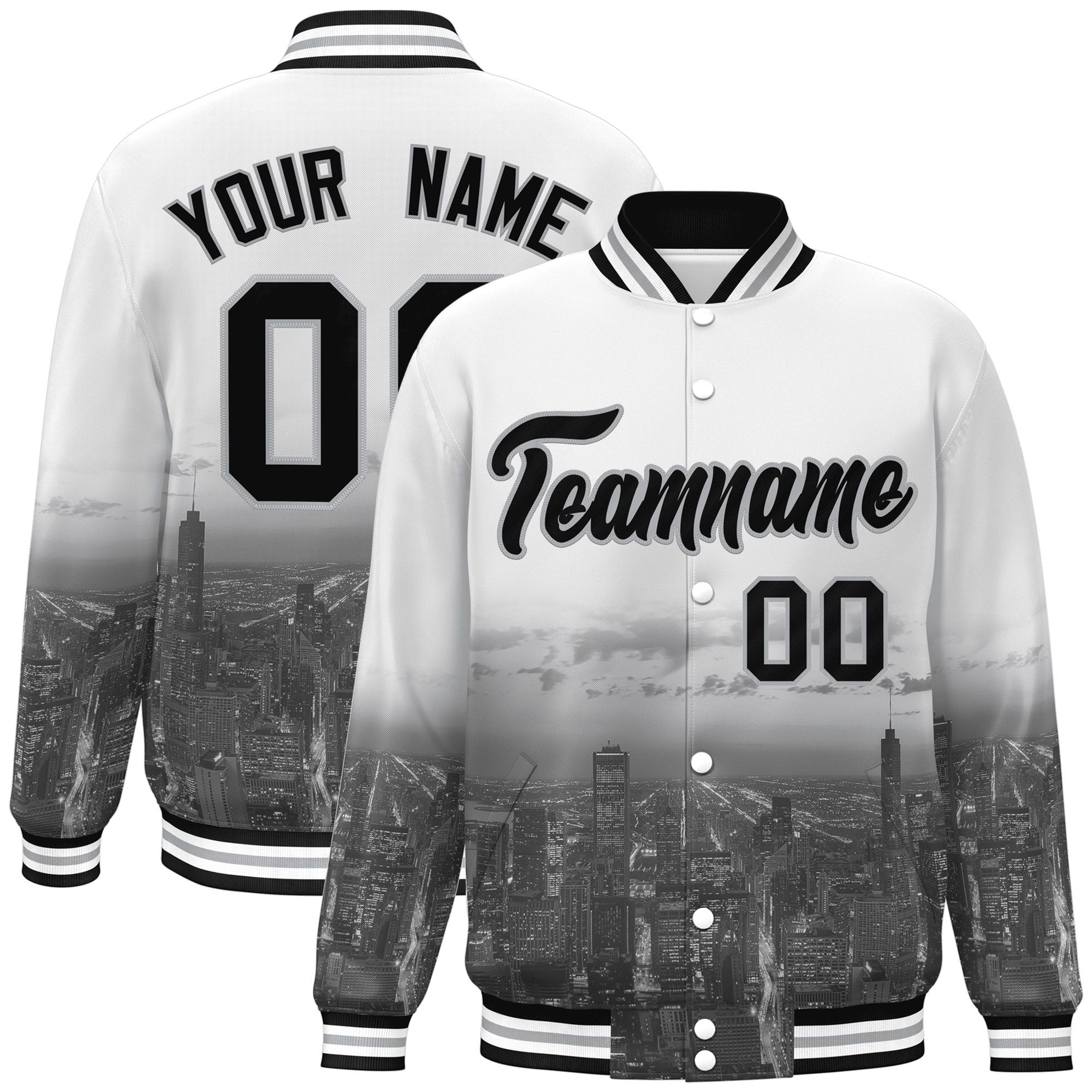 Custom White Black-Gray Chicago City Connect Track Varsity Full-Snap Jacket