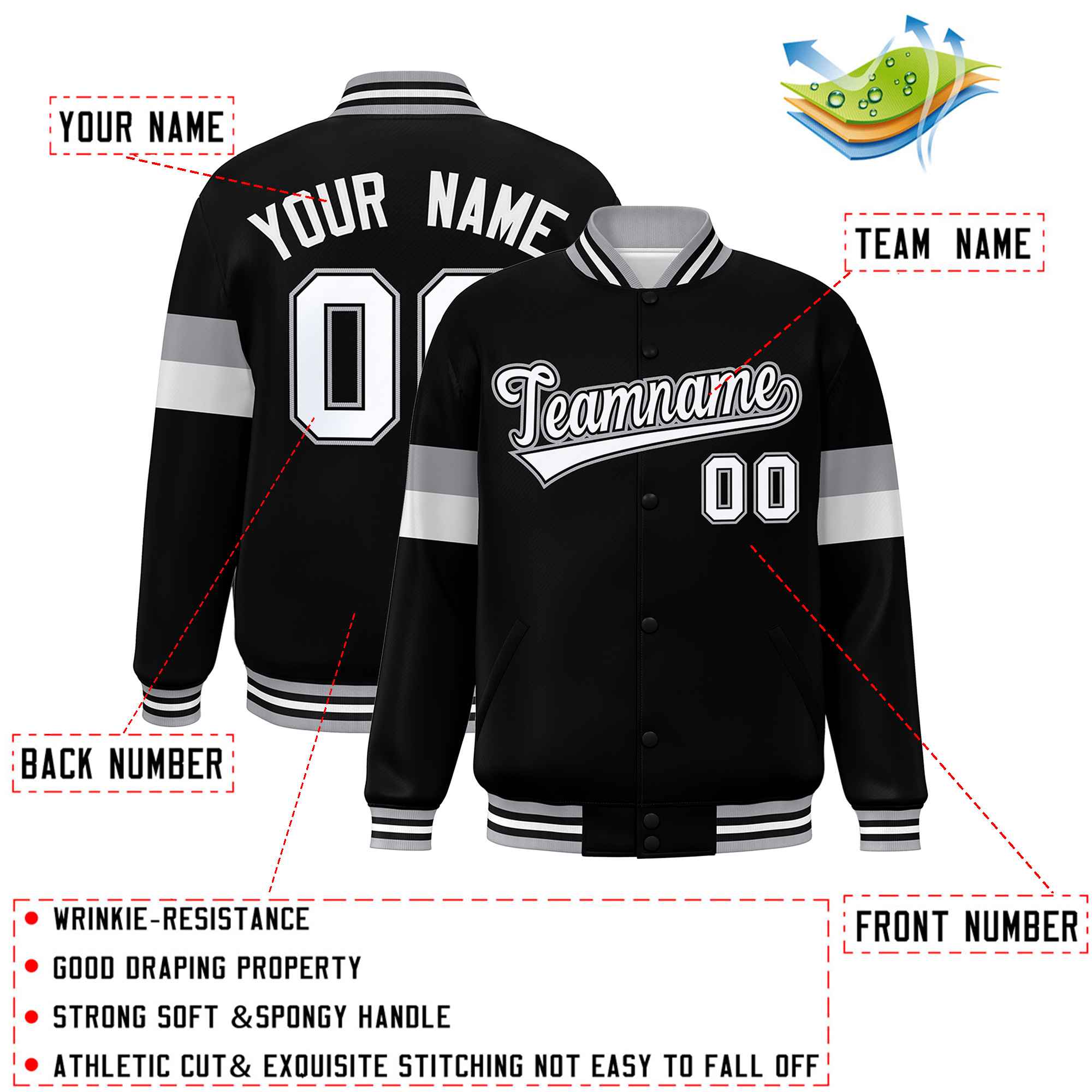 Custom Black White-Gray Color Block Bomber Varsity Full-Snap Baseball Jacket