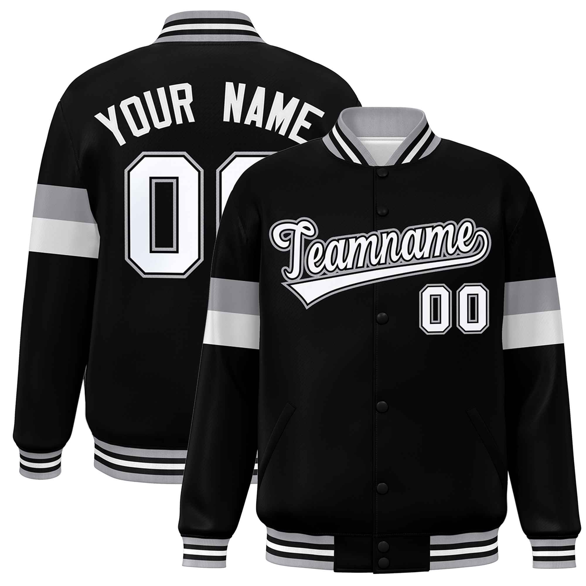 Custom Black White-Gray Color Block Bomber Varsity Full-Snap Baseball Jacket