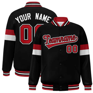 Custom Black Red-White Color Block Bomber Varsity Full-Snap Baseball Jacket