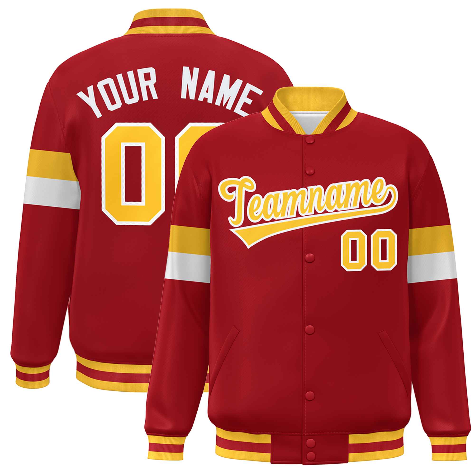 Custom Red Gold-White Color Block Bomber Varsity Full-Snap Baseball Jacket