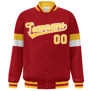 Custom Red Gold-White Color Block Bomber Varsity Full-Snap Baseball Jacket