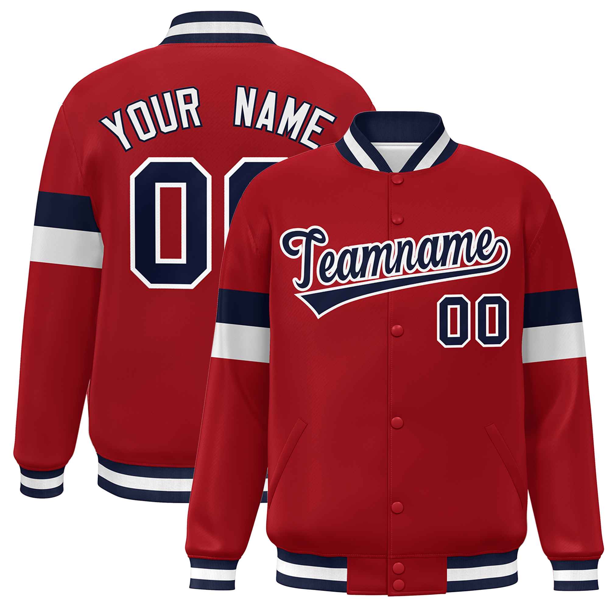 Custom Red Navy-White Color Block Bomber Varsity Full-Snap Baseball Jacket