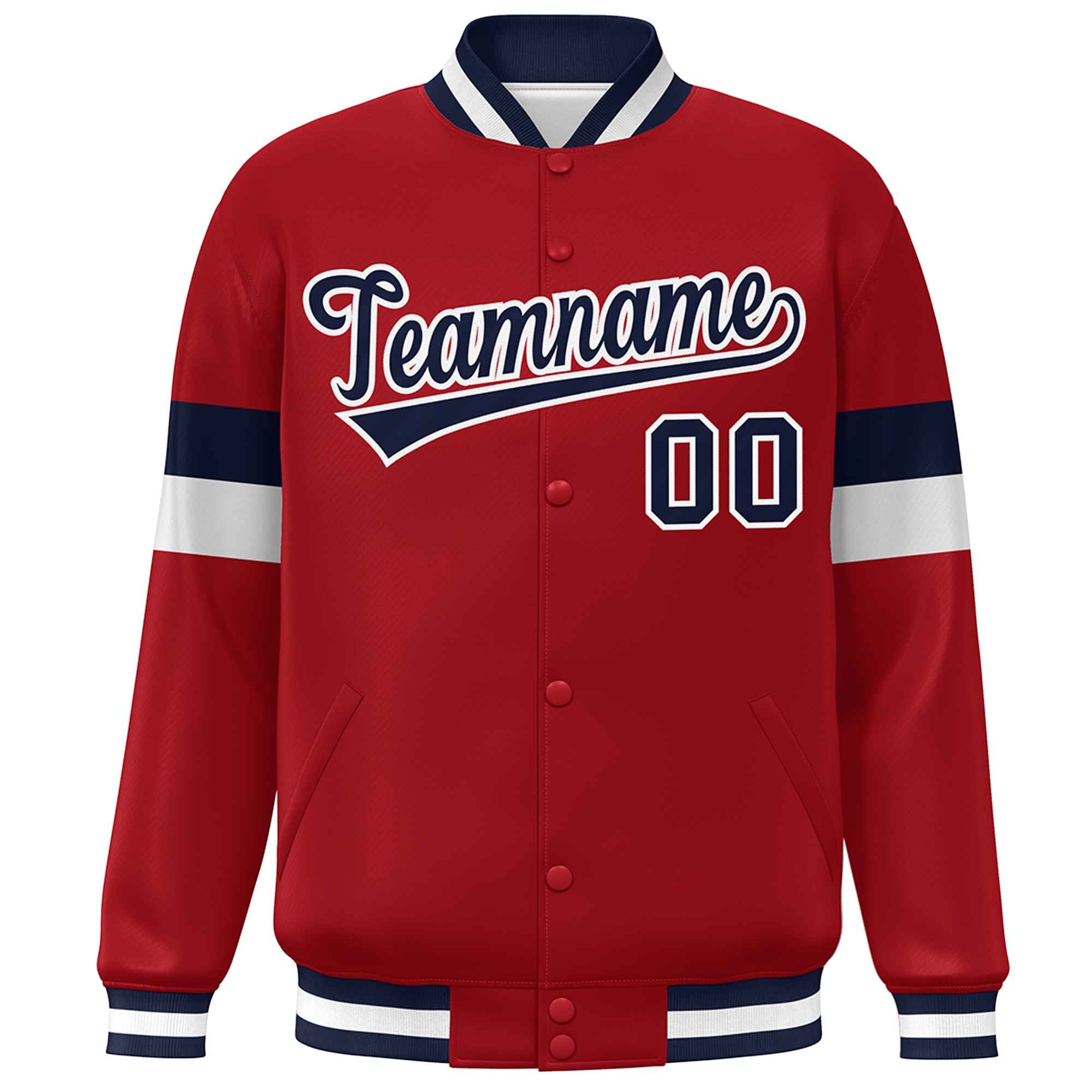 Custom Red Navy-White Color Block Bomber Varsity Full-Snap Baseball Jacket