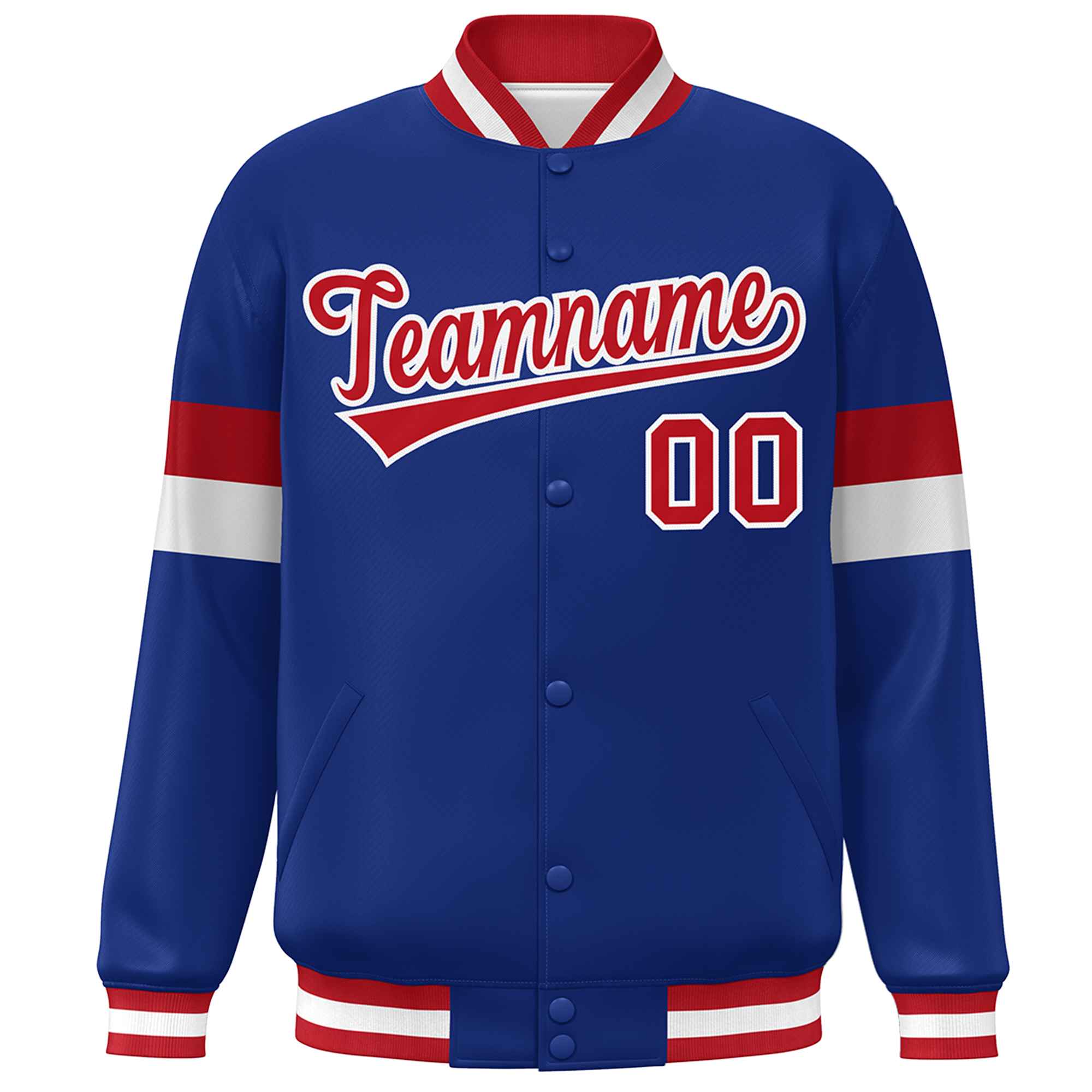 Custom Royal Red-White Color Block Bomber Varsity Full-Snap Baseball Jacket