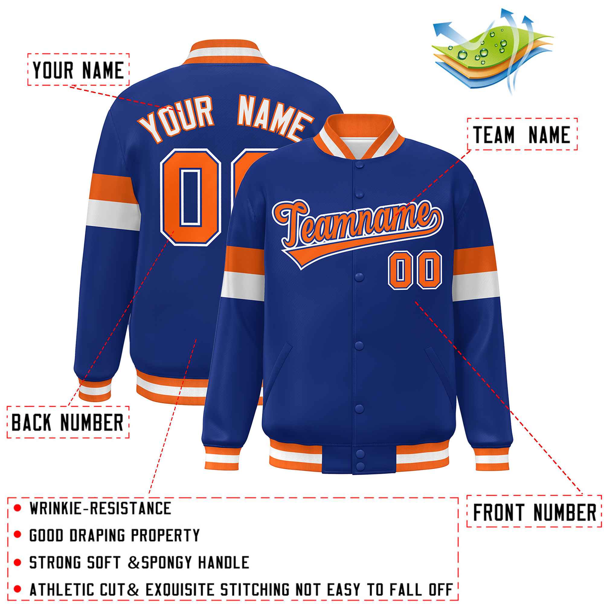 Custom Royal Orange-White Color Block Bomber Varsity Full-Snap Baseball Jacket