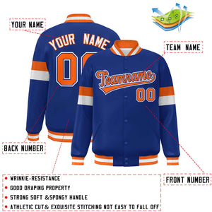 Custom Royal Orange-White Color Block Bomber Varsity Full-Snap Baseball Jacket