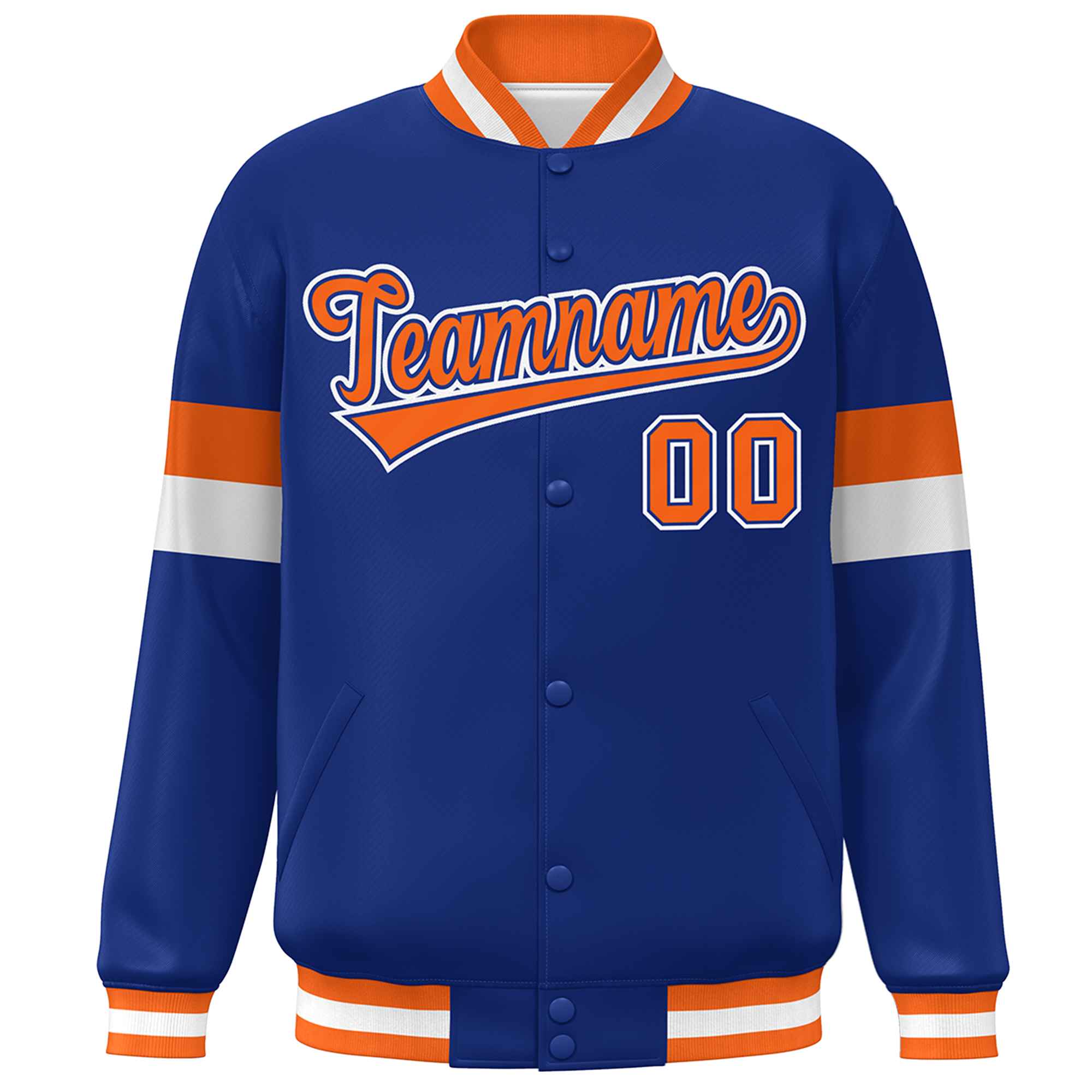 Custom Royal Orange-White Color Block Bomber Varsity Full-Snap Baseball Jacket