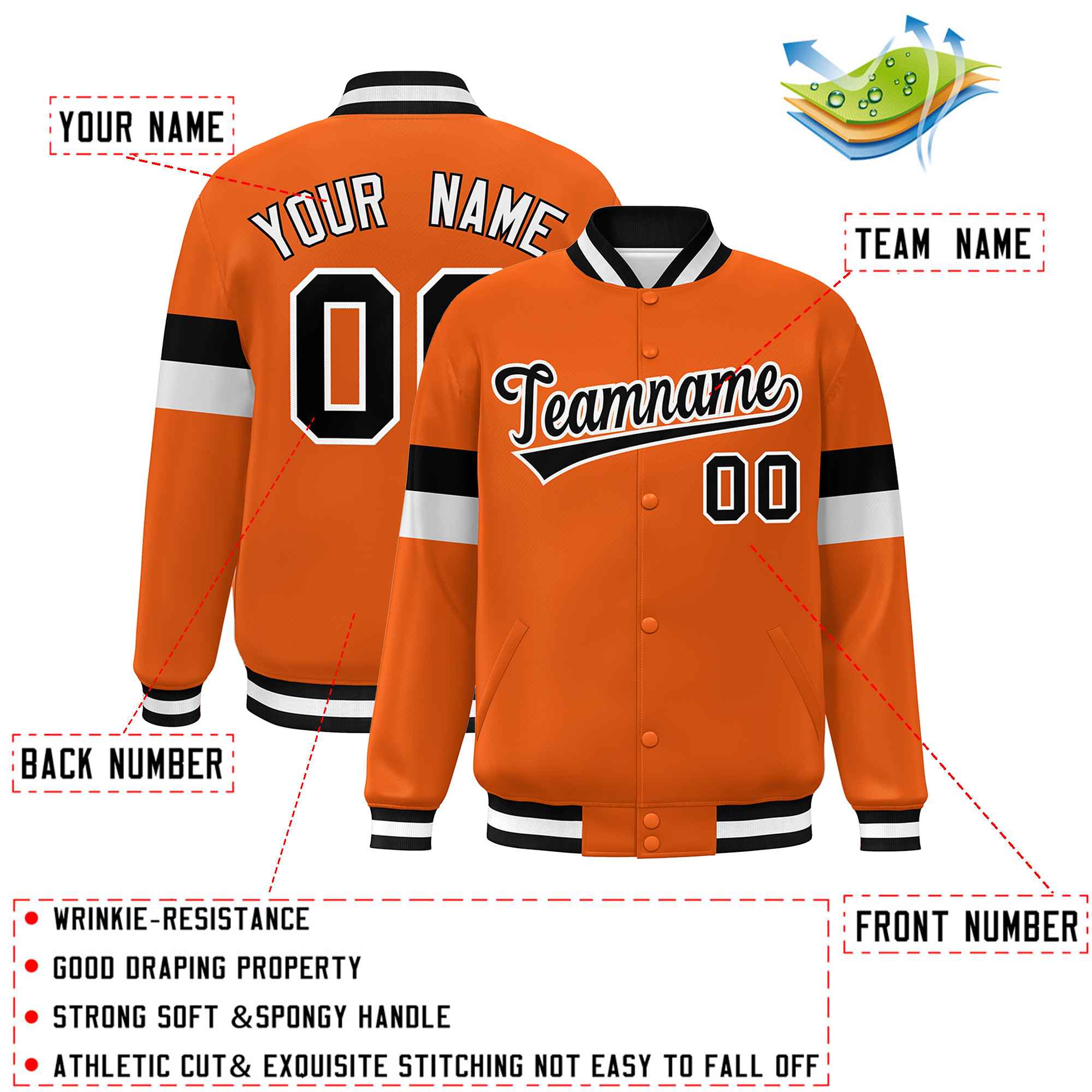 Custom Orange Black-White Color Block Bomber Varsity Full-Snap Baseball Jacket