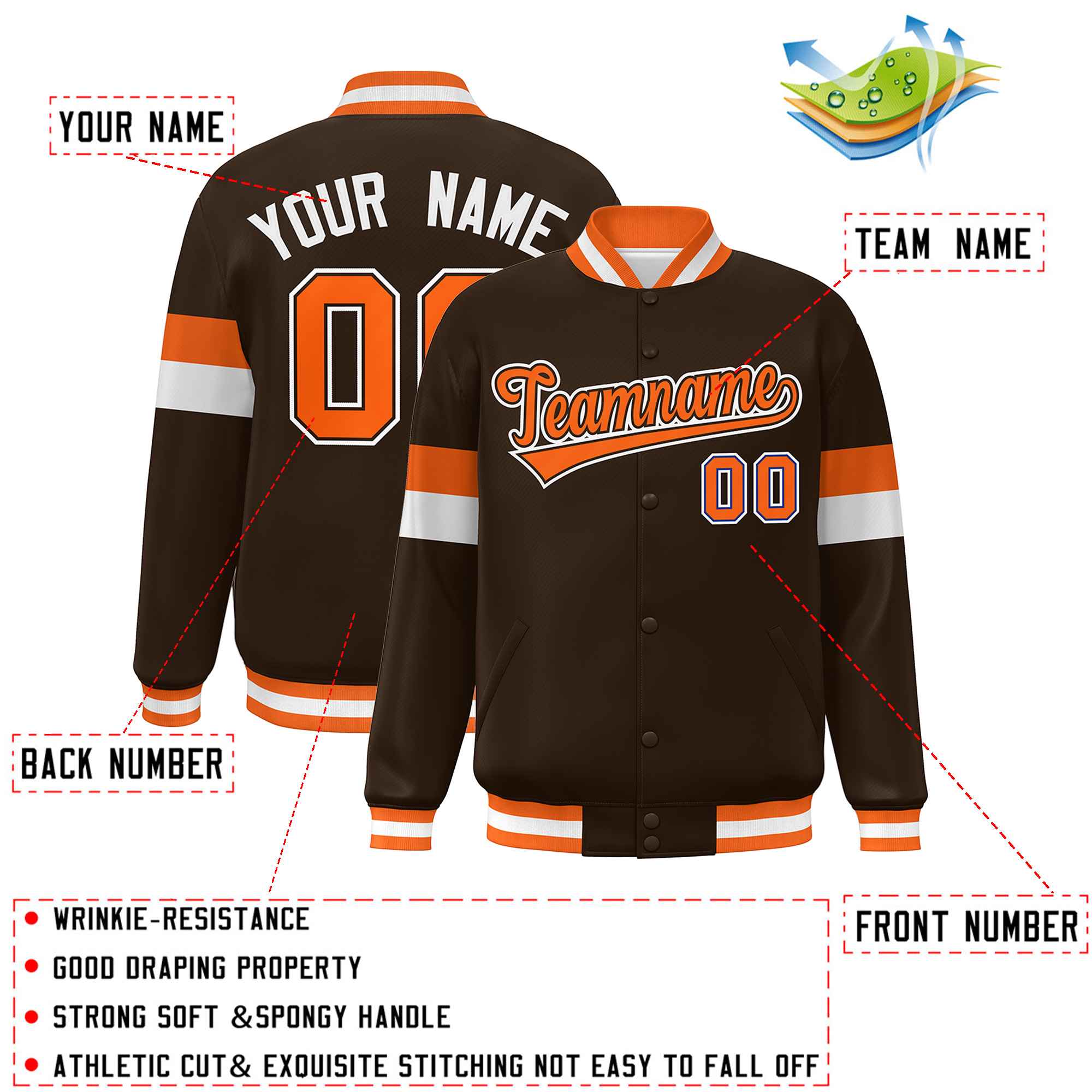 Custom Brown Orange-White Color Block Bomber Varsity Full-Snap Baseball Jacket