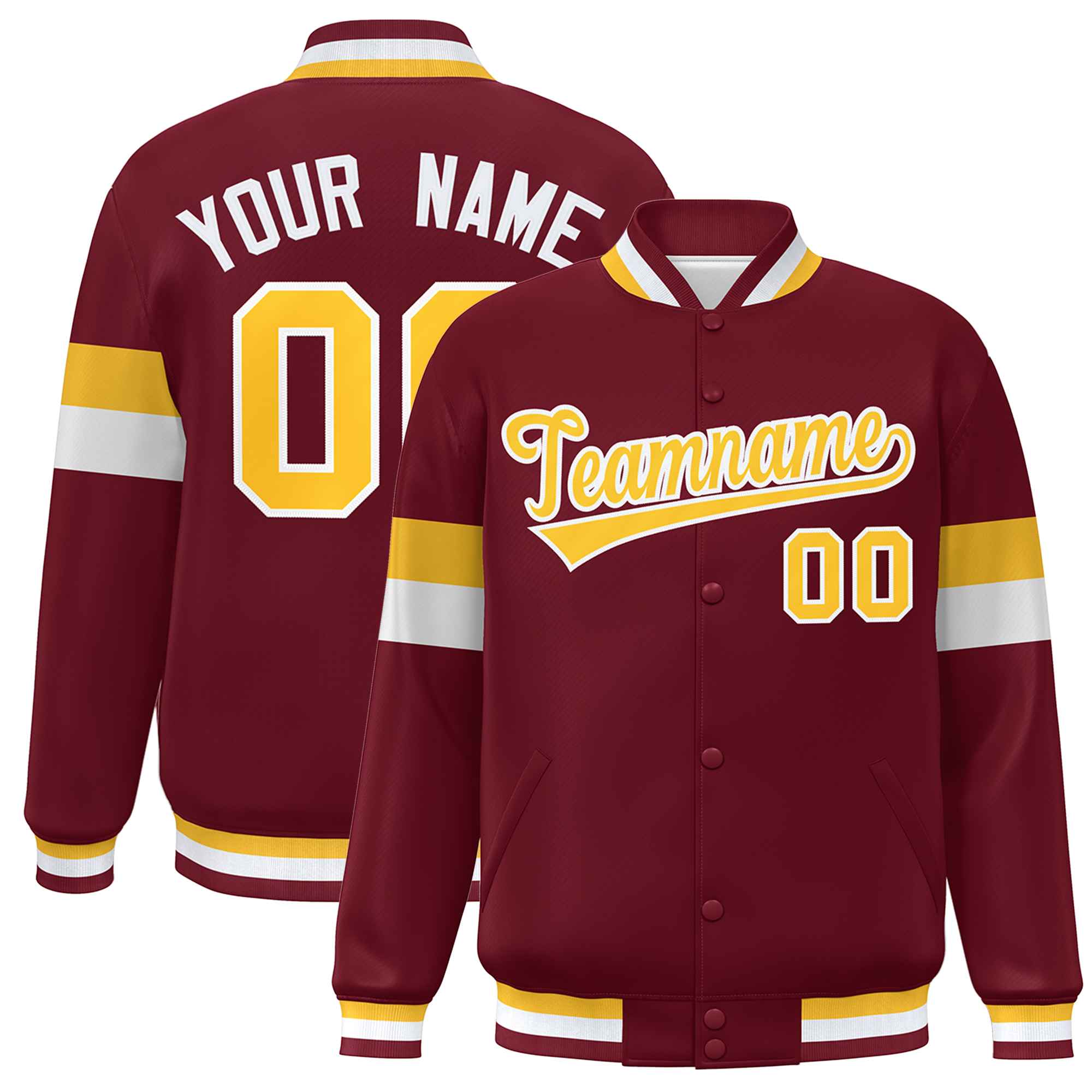 Custom Crimson Gold-White Color Block Bomber Varsity Full-Snap Baseball Jacket