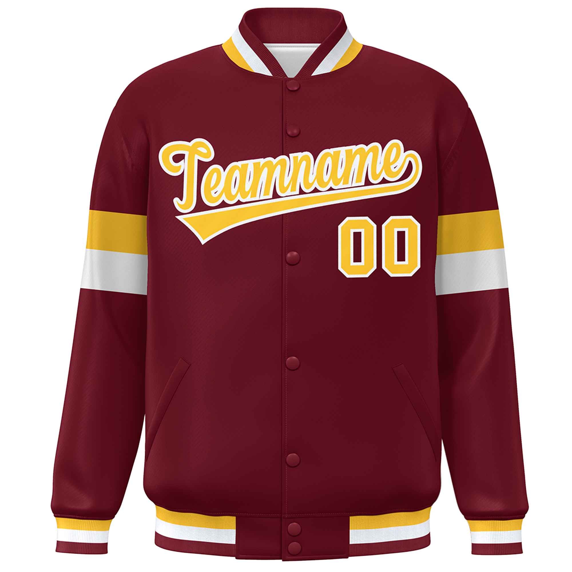 Custom Crimson Gold-White Color Block Bomber Varsity Full-Snap Baseball Jacket