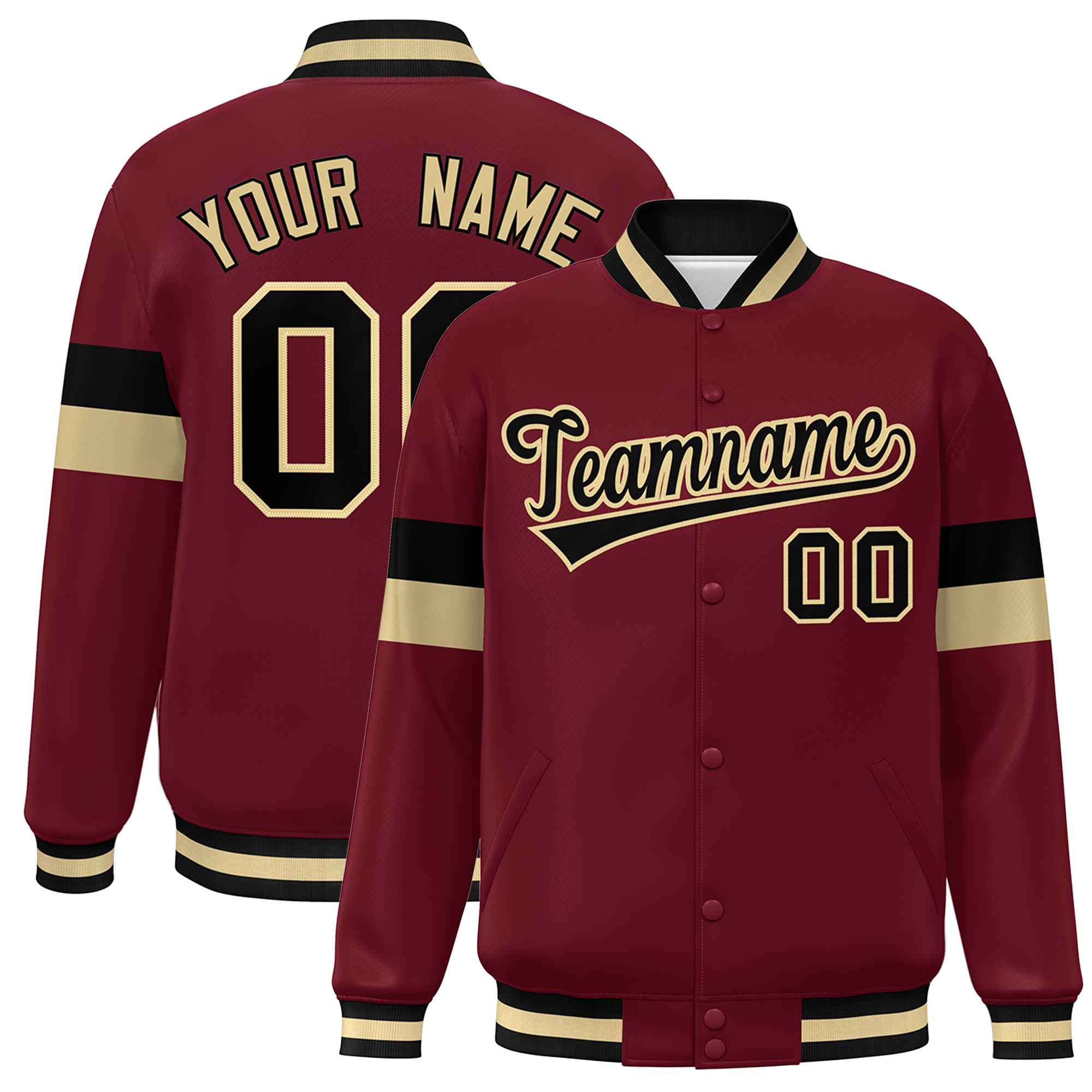 Custom Crimson Black-Khaki Color Block Bomber Varsity Full-Snap Baseball Jacket