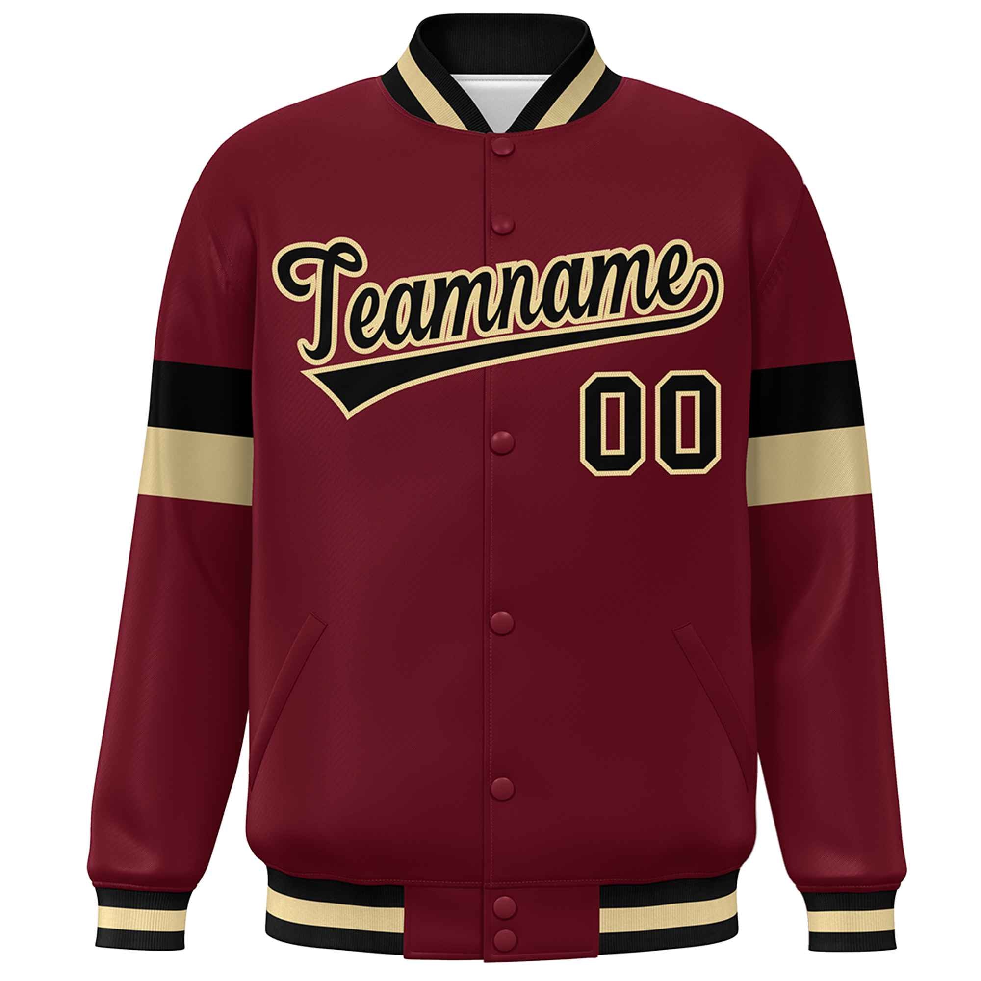 Custom Crimson Black-Khaki Color Block Bomber Varsity Full-Snap Baseball Jacket