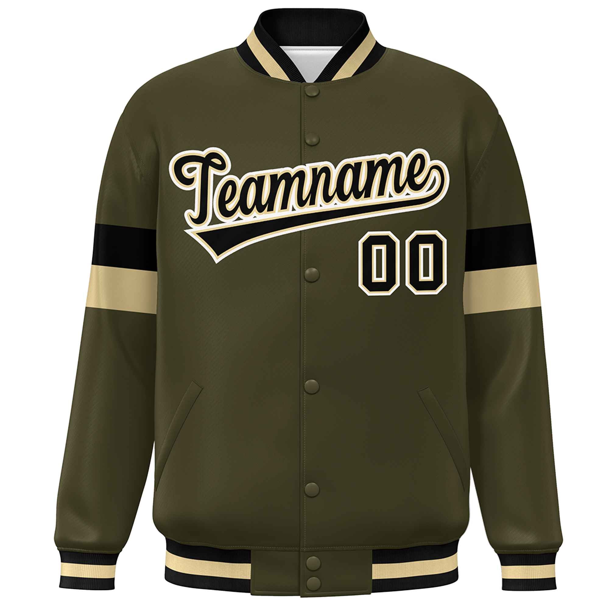 Custom Olive Black-White Color Block Bomber Varsity Full-Snap Baseball Jacket