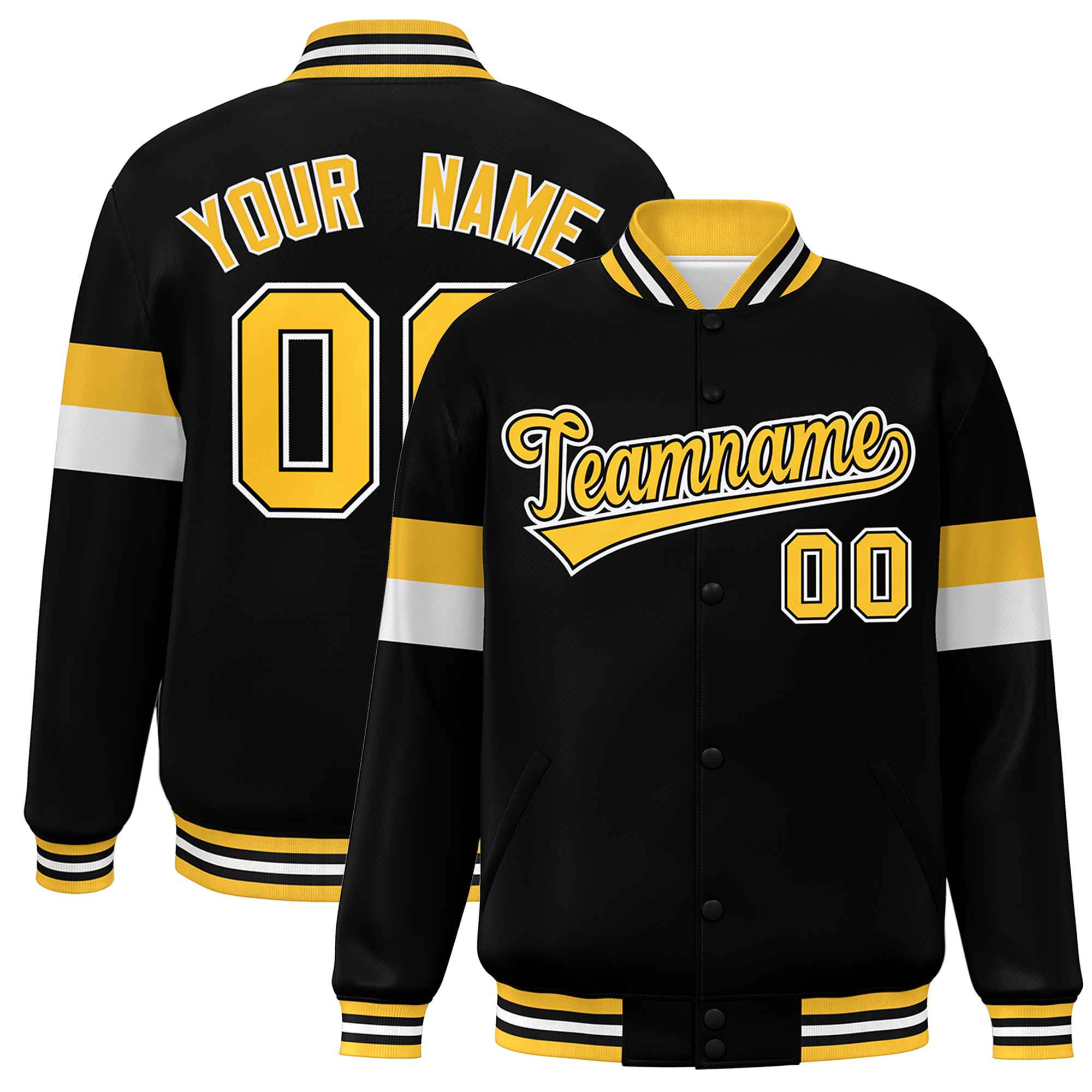 Custom Black Gold-White Color Block Bomber Varsity Full-Snap Baseball Jacket