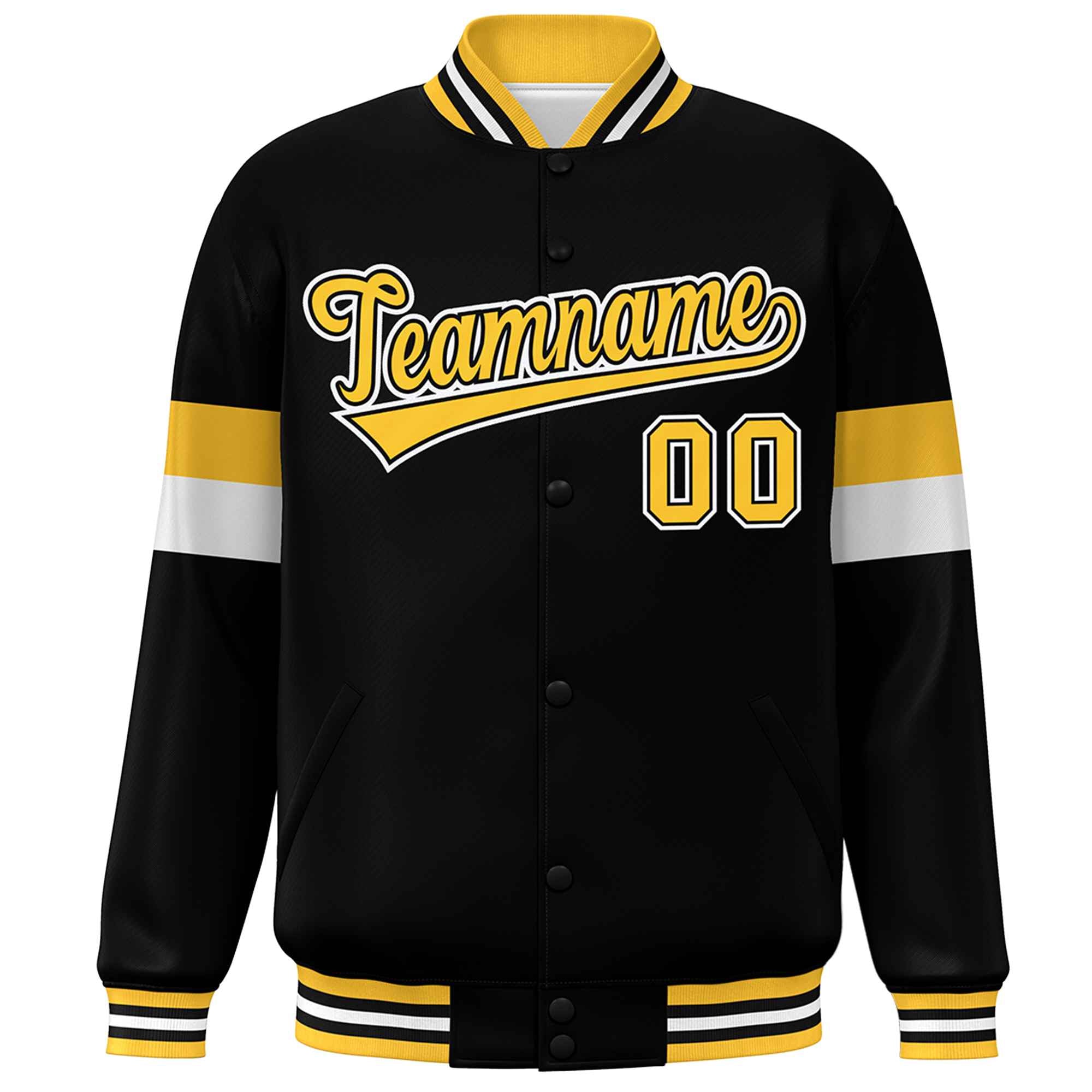 Custom Black Gold-White Color Block Bomber Varsity Full-Snap Baseball Jacket