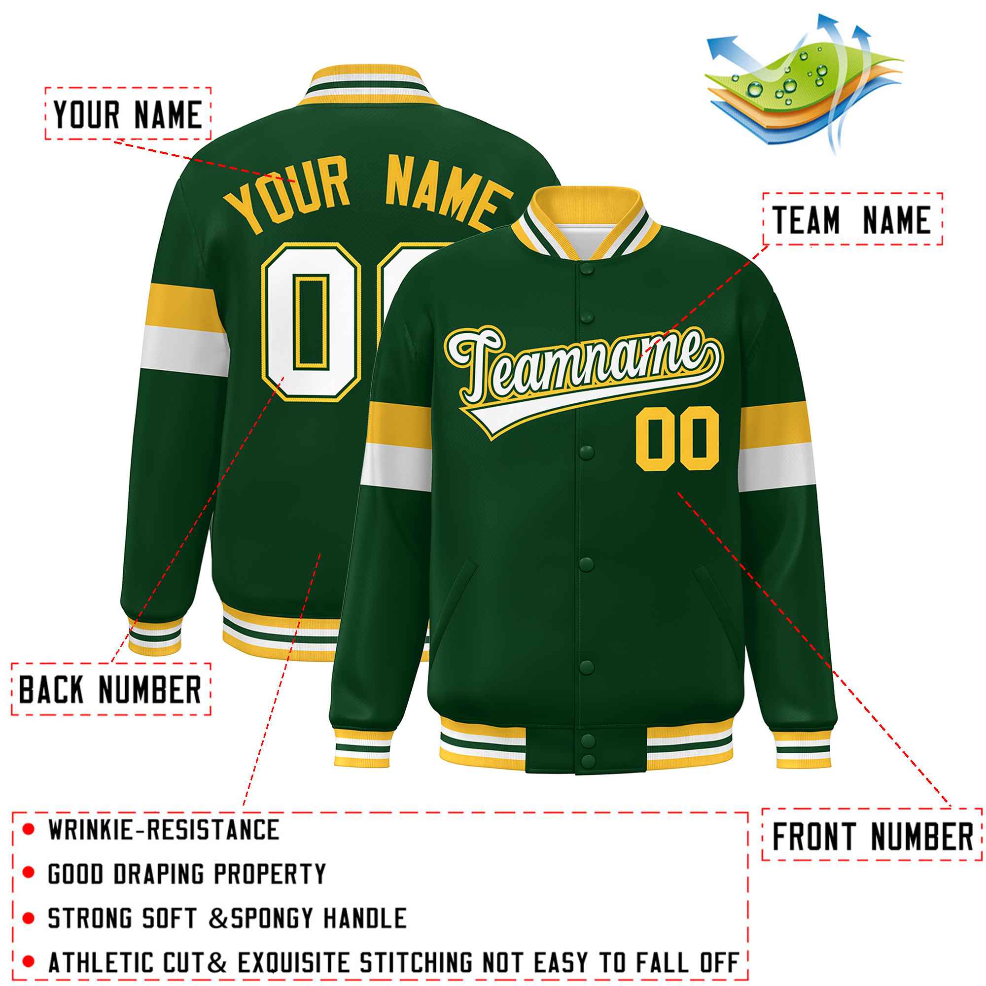 Custom Green White-Gold Color Block Bomber Varsity Full-Snap Baseball Jacket