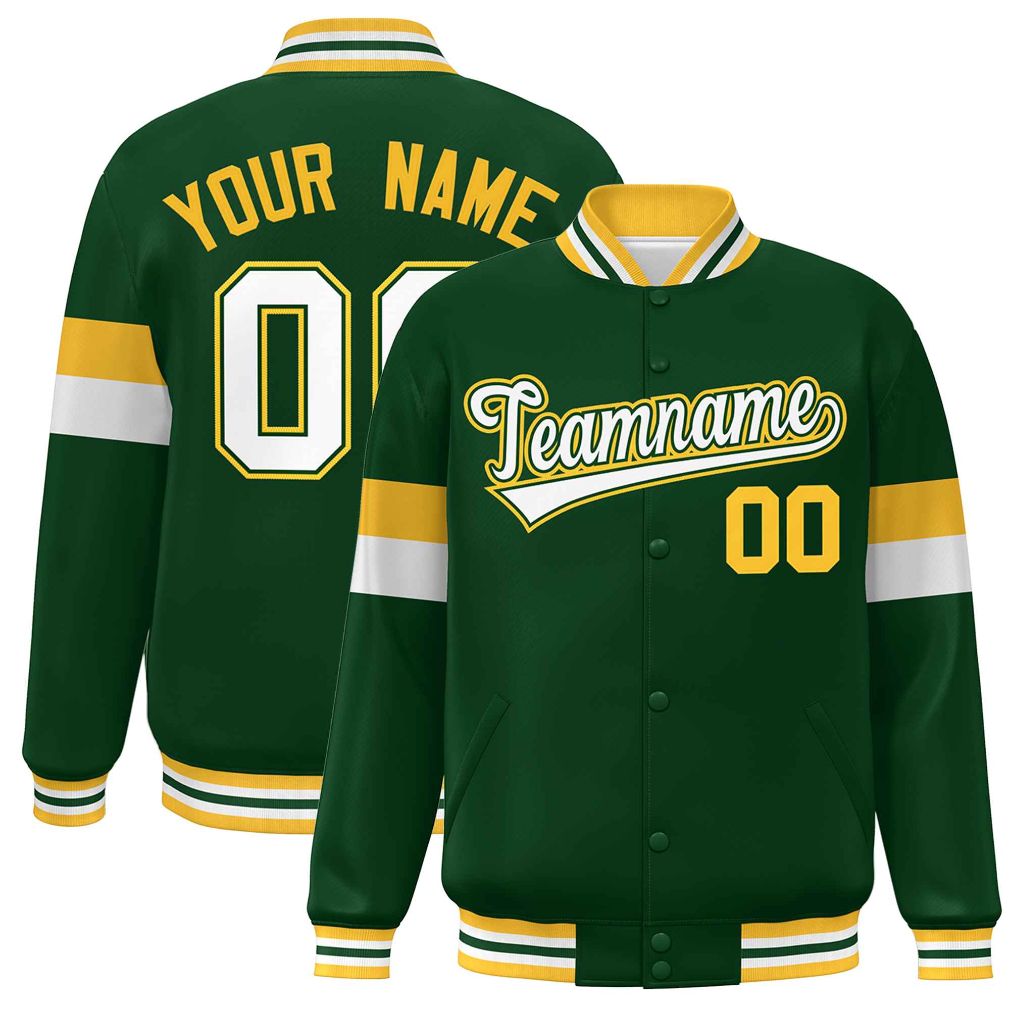 Custom Green White-Gold Color Block Bomber Varsity Full-Snap Baseball Jacket