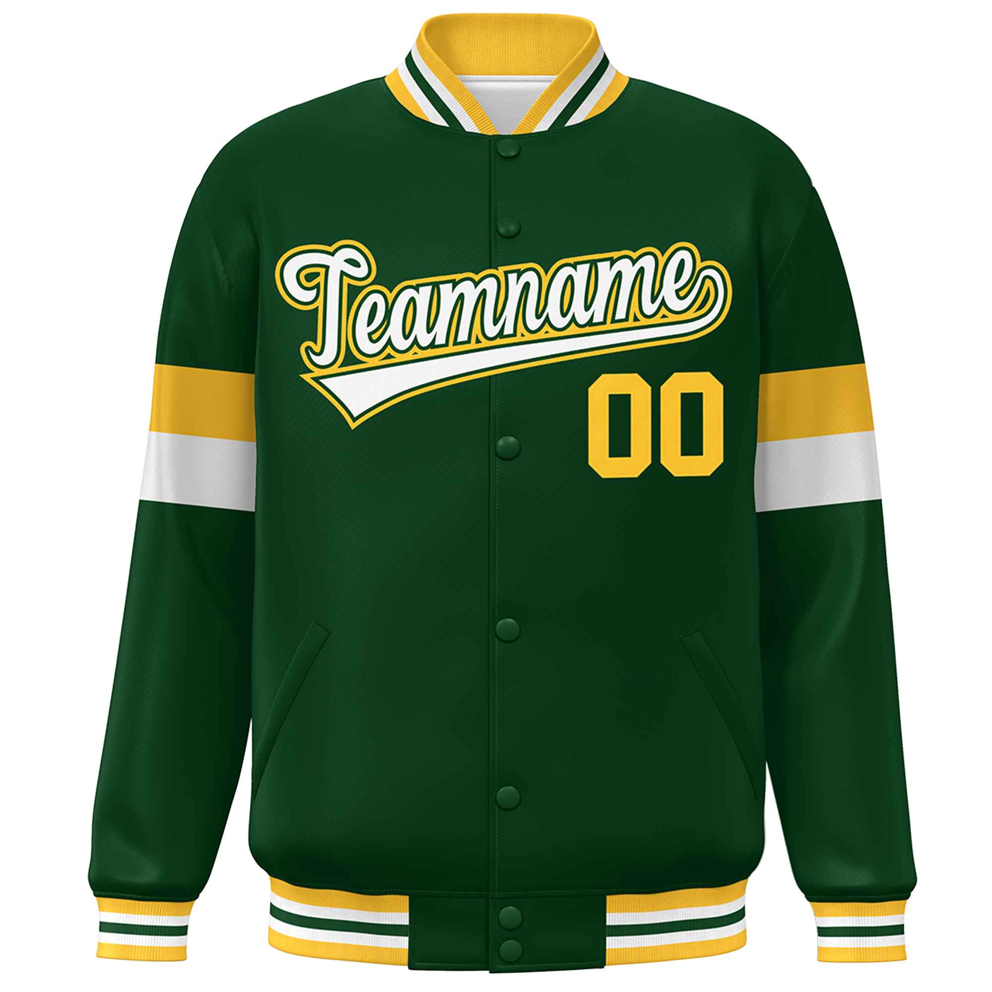 Custom Green White-Gold Color Block Bomber Varsity Full-Snap Baseball Jacket