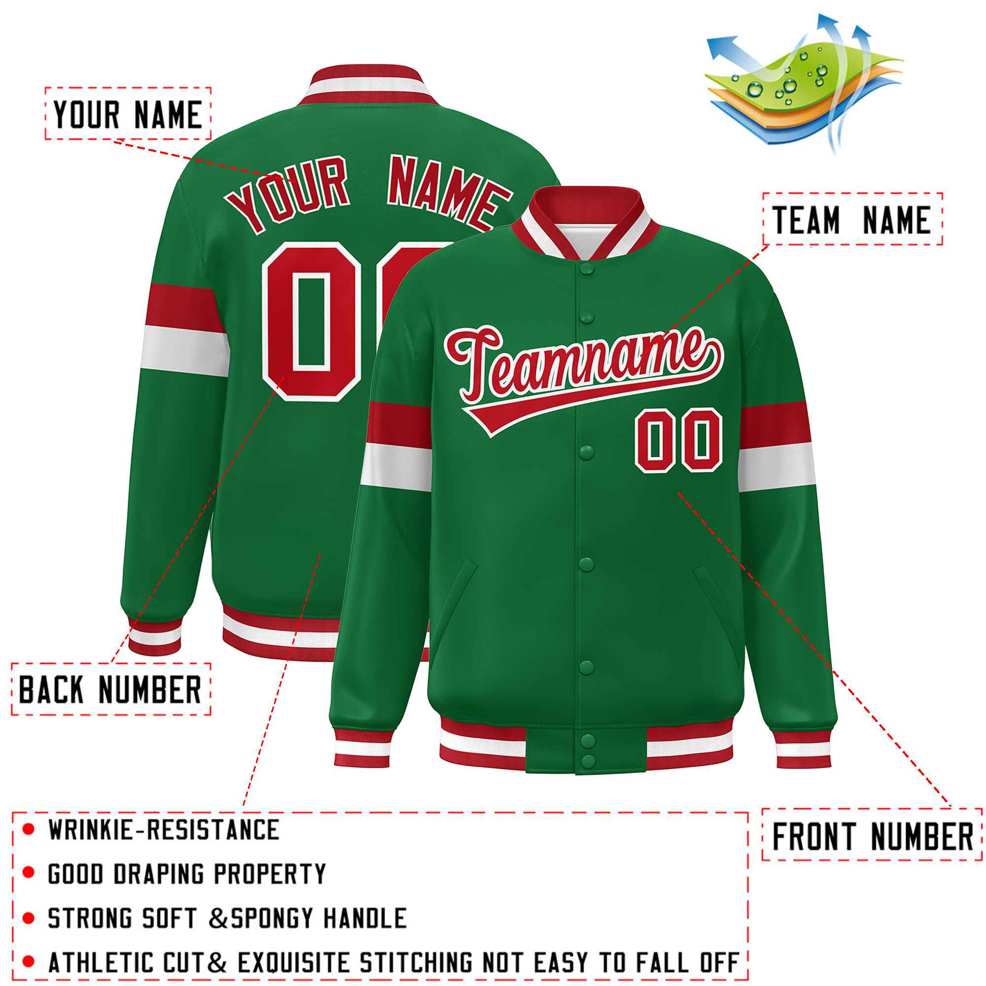 Custom Kelly Green Red-White Color Block Bomber Varsity Full-Snap Baseball Jacket