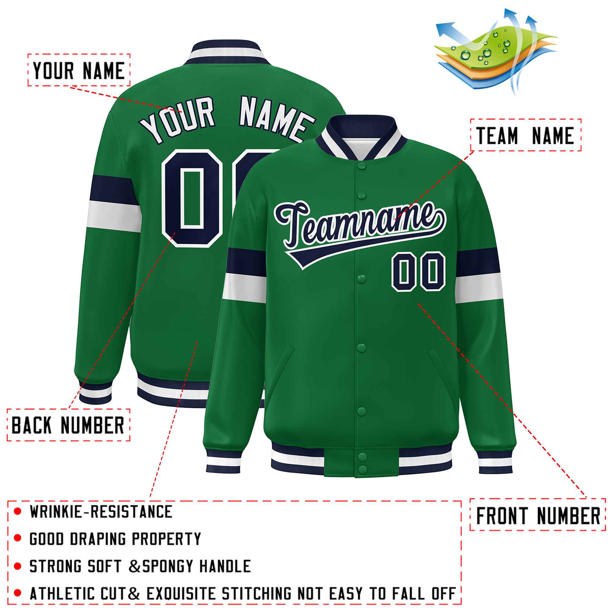 Custom Kelly Green Navy-White Color Block Bomber Varsity Full-Snap Baseball Jacket