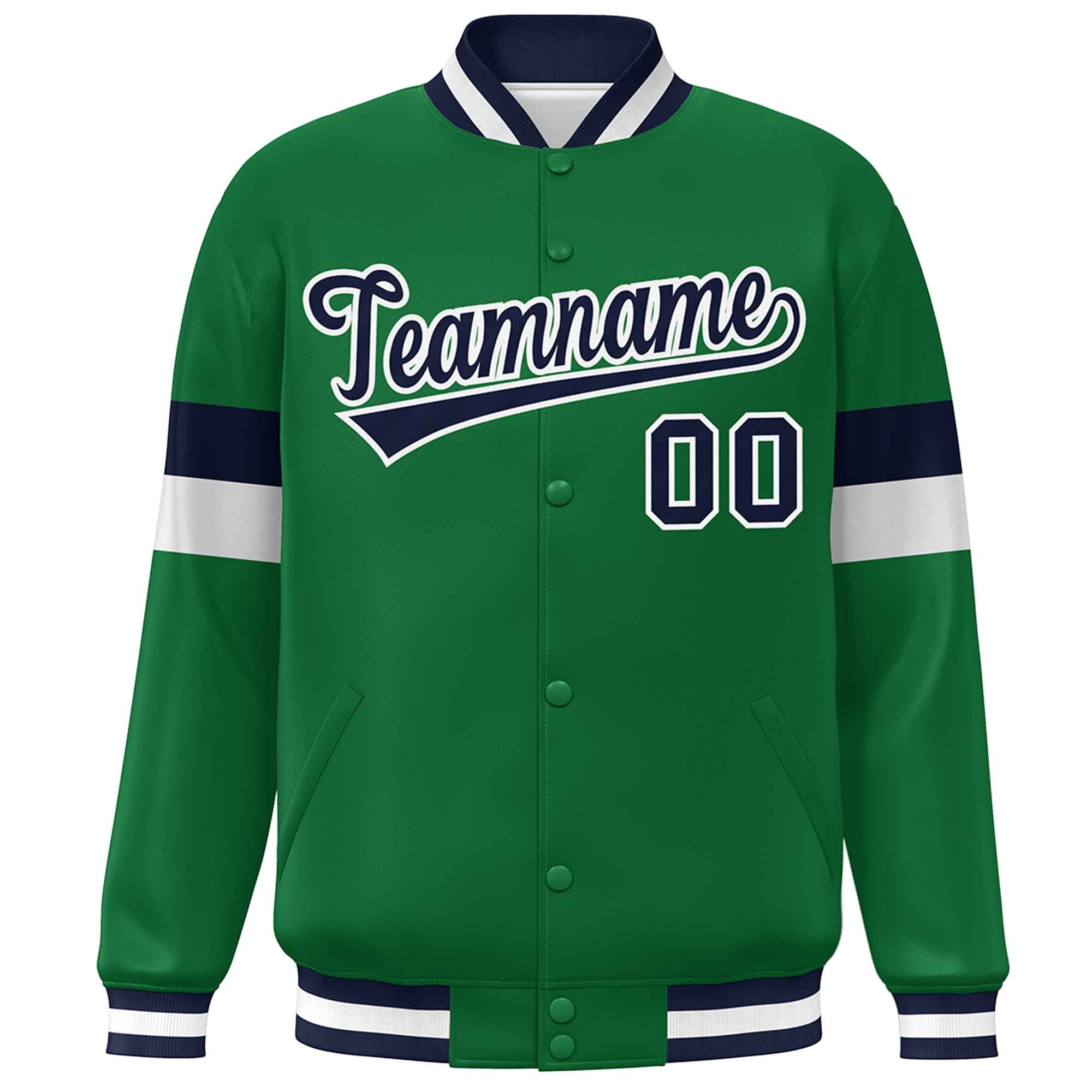 Custom Kelly Green Navy-White Color Block Bomber Varsity Full-Snap Baseball Jacket