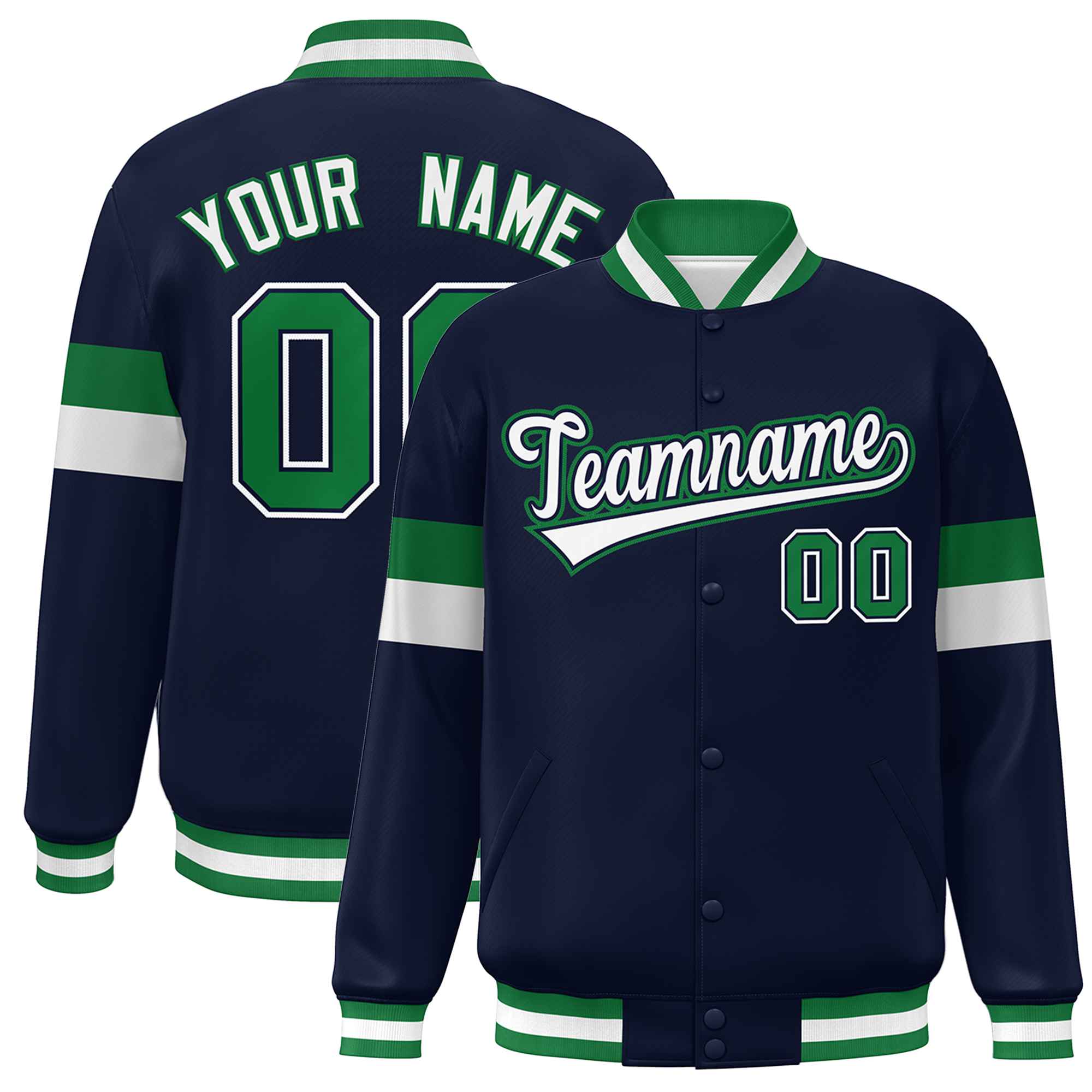 Custom Navy White-Kelly Green Color Block Bomber Varsity Full-Snap Baseball Jacket