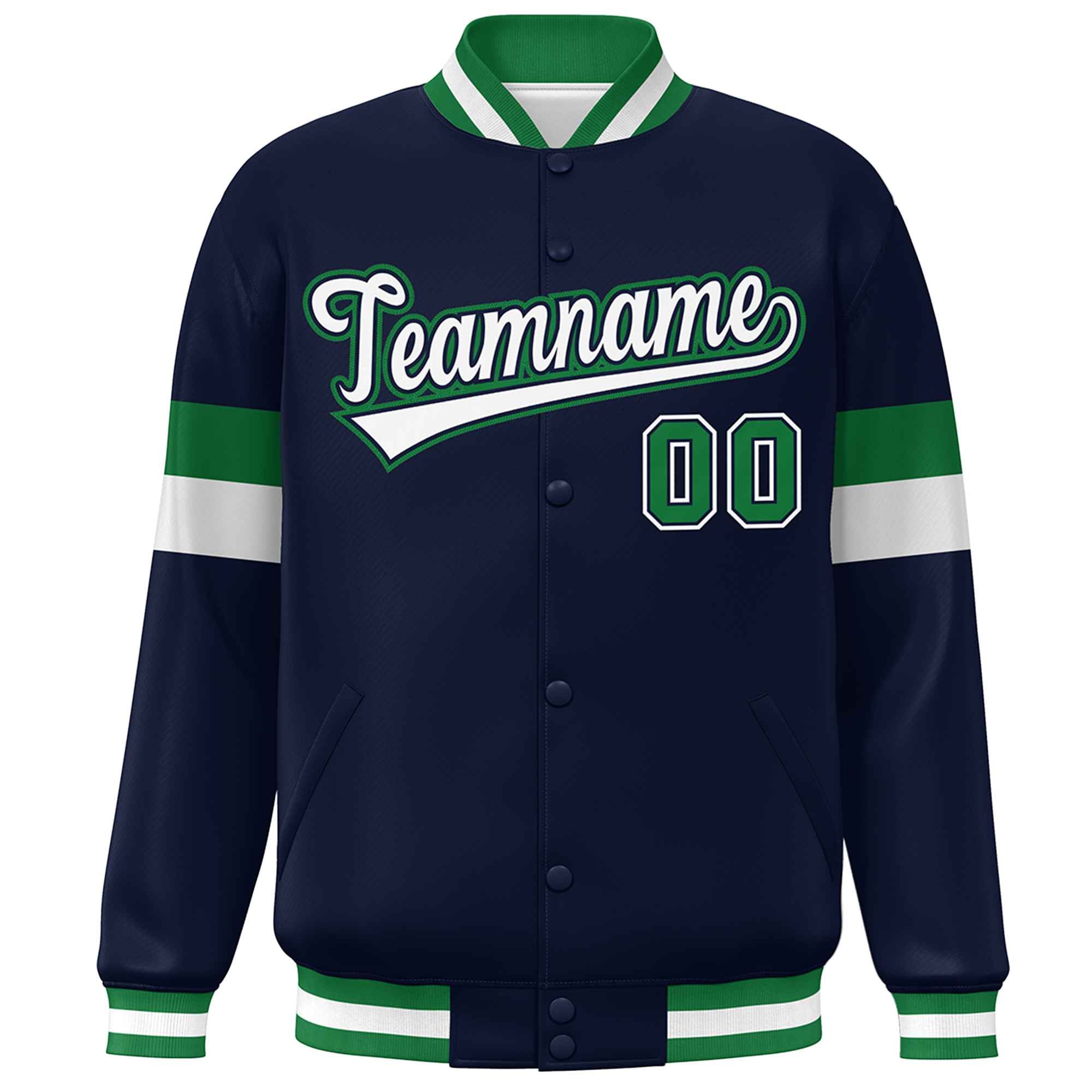 Custom Navy White-Kelly Green Color Block Bomber Varsity Full-Snap Baseball Jacket