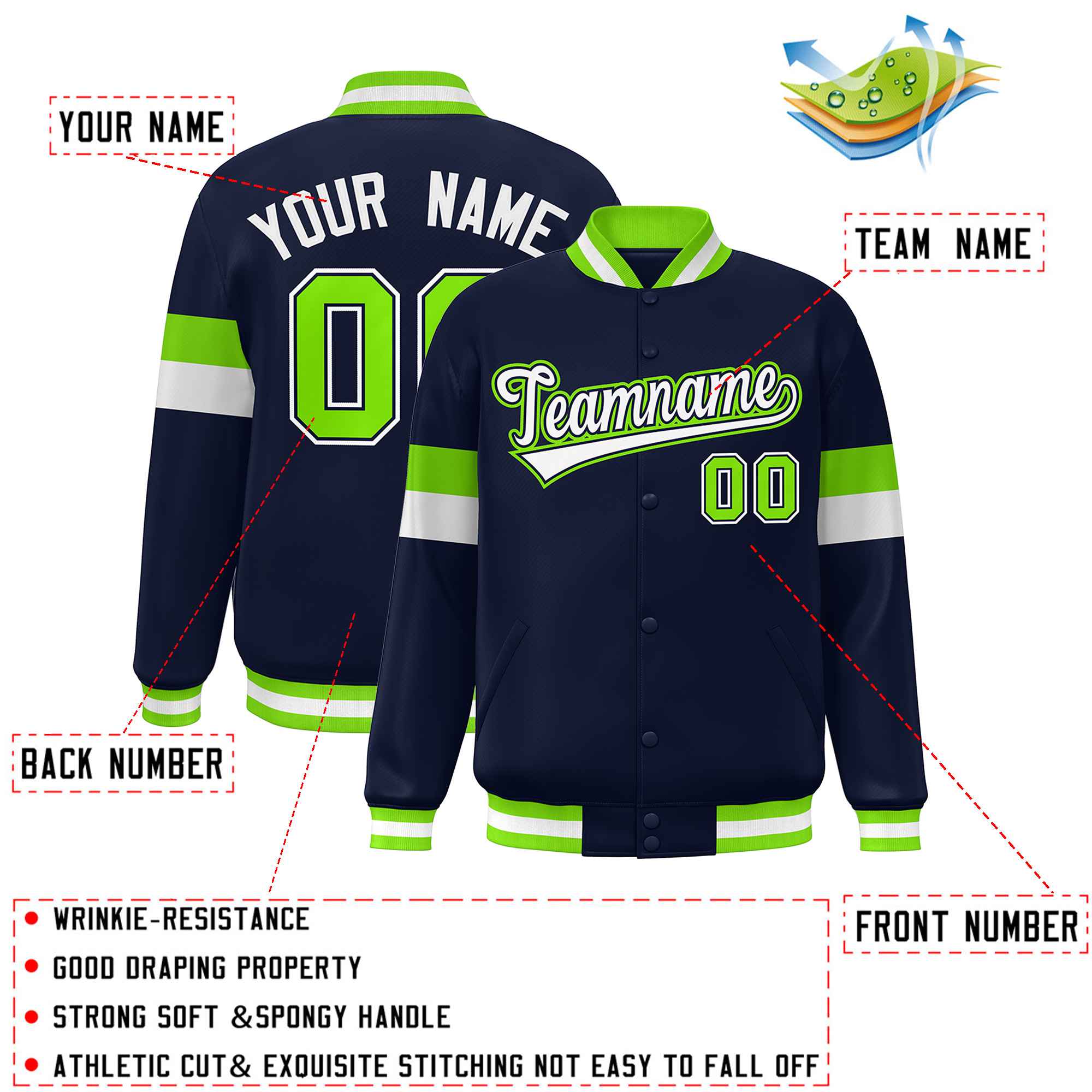 Custom Navy White-Neon Green Color Block Bomber Varsity Full-Snap Baseball Jacket