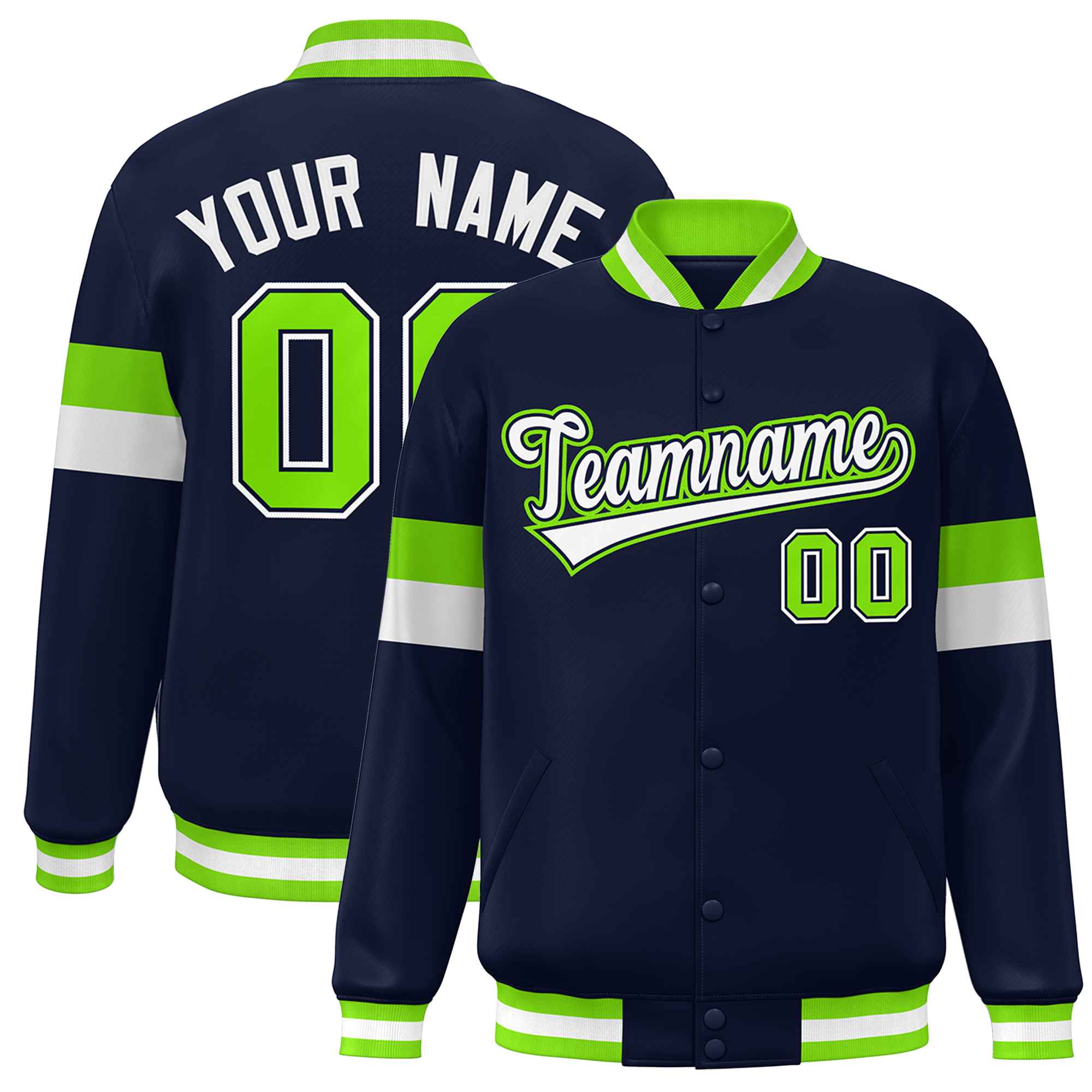 Custom Navy White-Neon Green Color Block Bomber Varsity Full-Snap Baseball Jacket