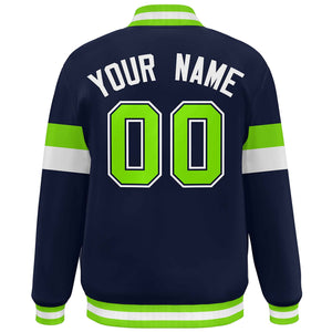 Custom Navy White-Neon Green Color Block Bomber Varsity Full-Snap Baseball Jacket