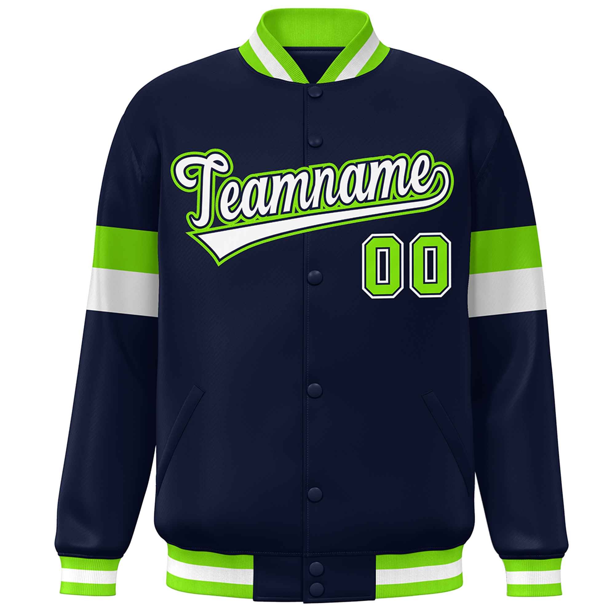 Custom Navy White-Neon Green Color Block Bomber Varsity Full-Snap Baseball Jacket