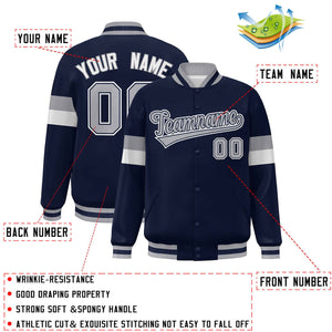 Custom Navy Gray-White Color Block Bomber Varsity Full-Snap Baseball Jacket