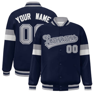 Custom Navy Gray-White Color Block Bomber Varsity Full-Snap Baseball Jacket