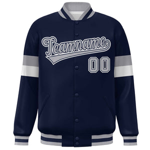 Custom Navy Gray-White Color Block Bomber Varsity Full-Snap Baseball Jacket