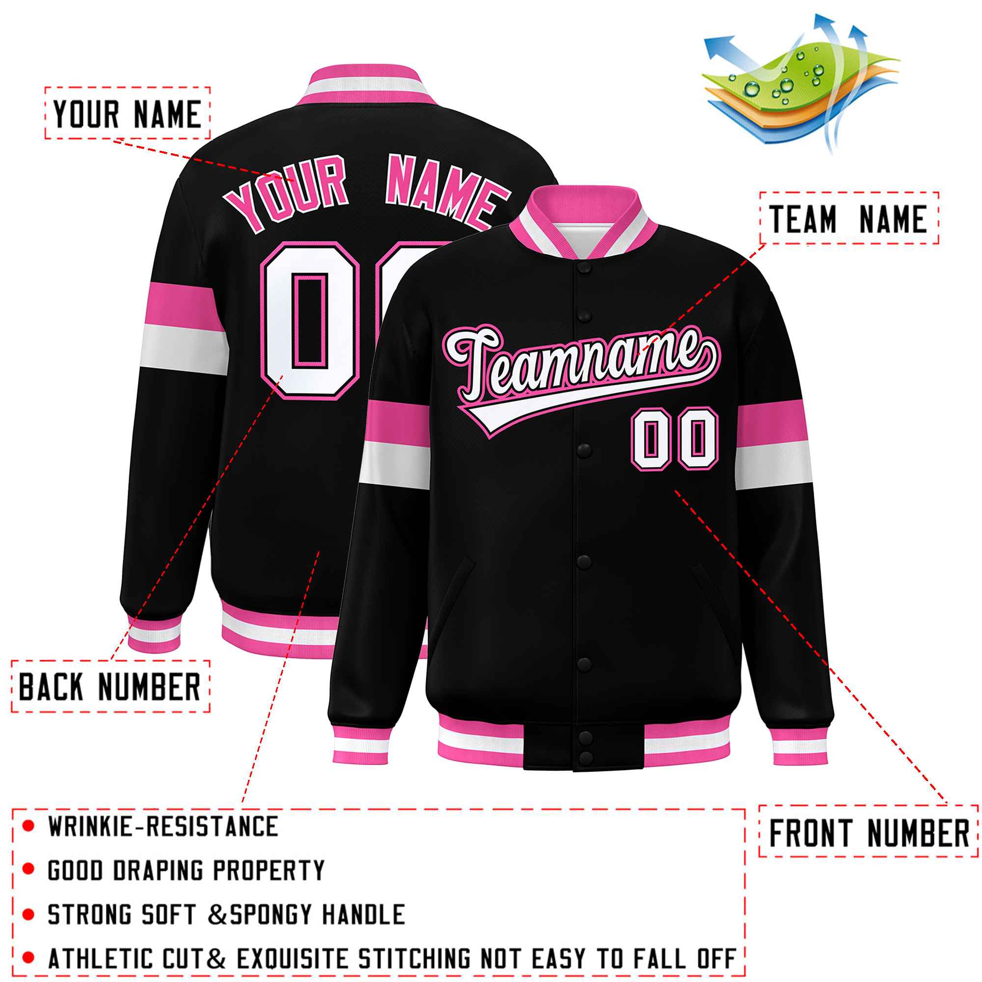 Custom Black White-Pink Color Block Bomber Varsity Full-Snap Baseball Jacket