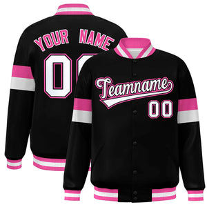 Custom Black White-Pink Color Block Bomber Varsity Full-Snap Baseball Jacket