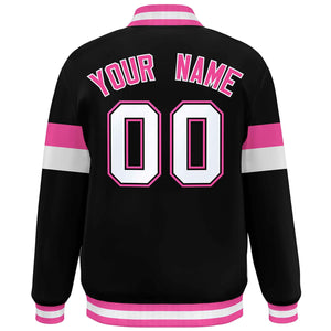 Custom Black White-Pink Color Block Bomber Varsity Full-Snap Baseball Jacket